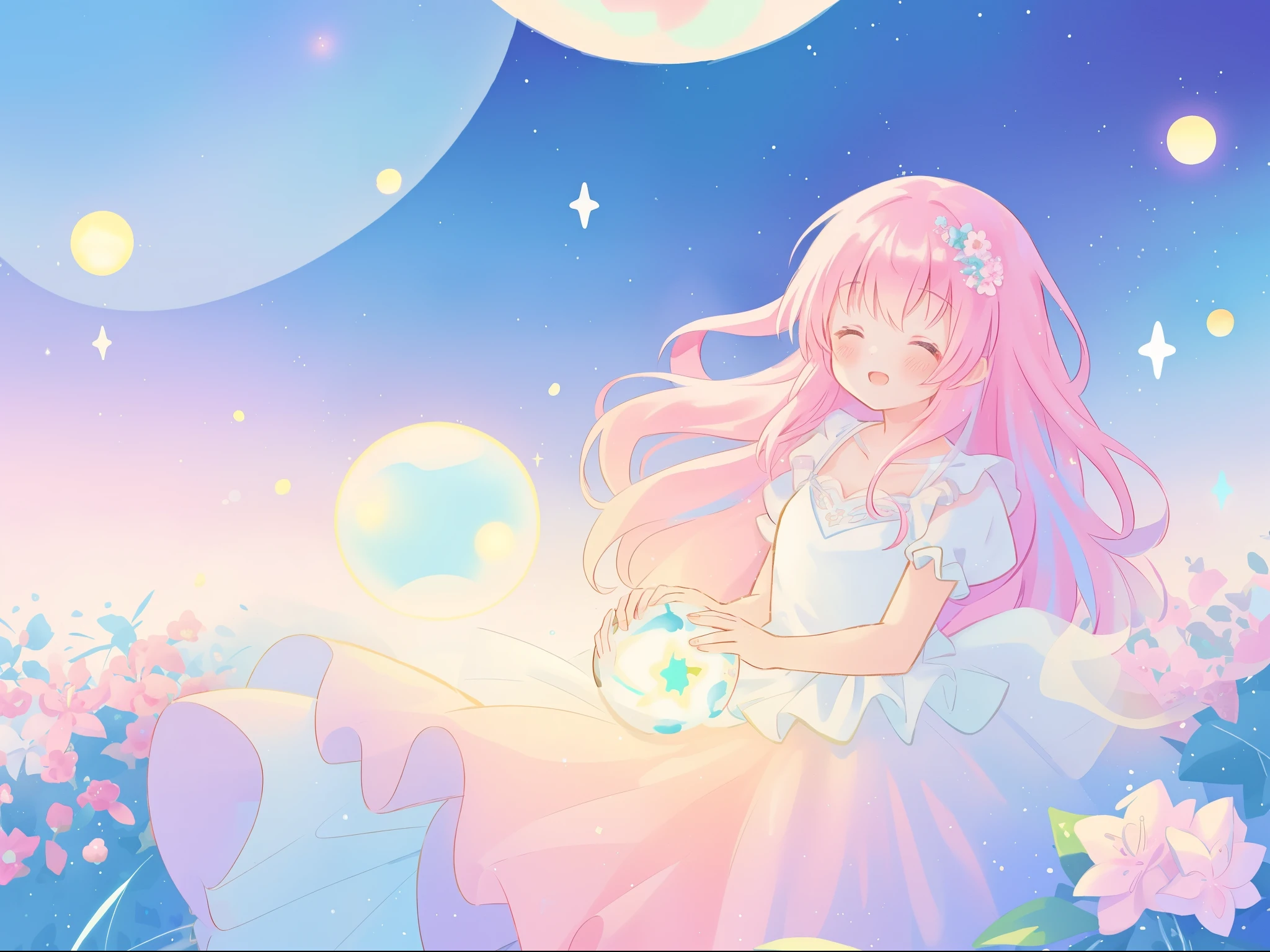 beautiful girl in sparkling white dress holding a magical sphere, ((sparkling puffy layered ballgown)), (magical, whimsical), (glowing magical orb), long flowing colorful hair, colorful fantasia background, watercolor illustration, disney art style, glowing aura around her, glowing lights, beautiful digital illustration, fantasia otherworldly landscape plants flowers, beautiful, masterpiece, best quality, anime disney style