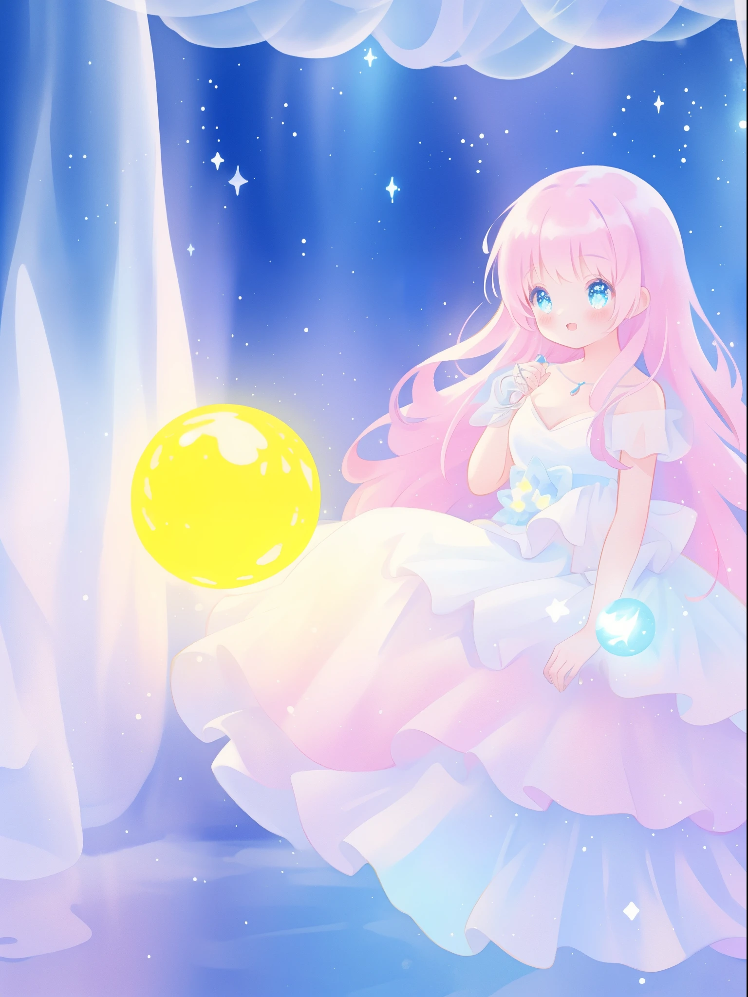 beautiful girl in sparkling white dress holding a magical sphere, ((sparkling puffy layered ballgown)), (magical, whimsical), (glowing magical orb), long flowing colorful hair, colorful fantasia background, watercolor illustration, disney art style, glowing aura around her, glowing lights, beautiful digital illustration, fantasia otherworldly landscape plants flowers, beautiful, masterpiece, best quality, anime disney style