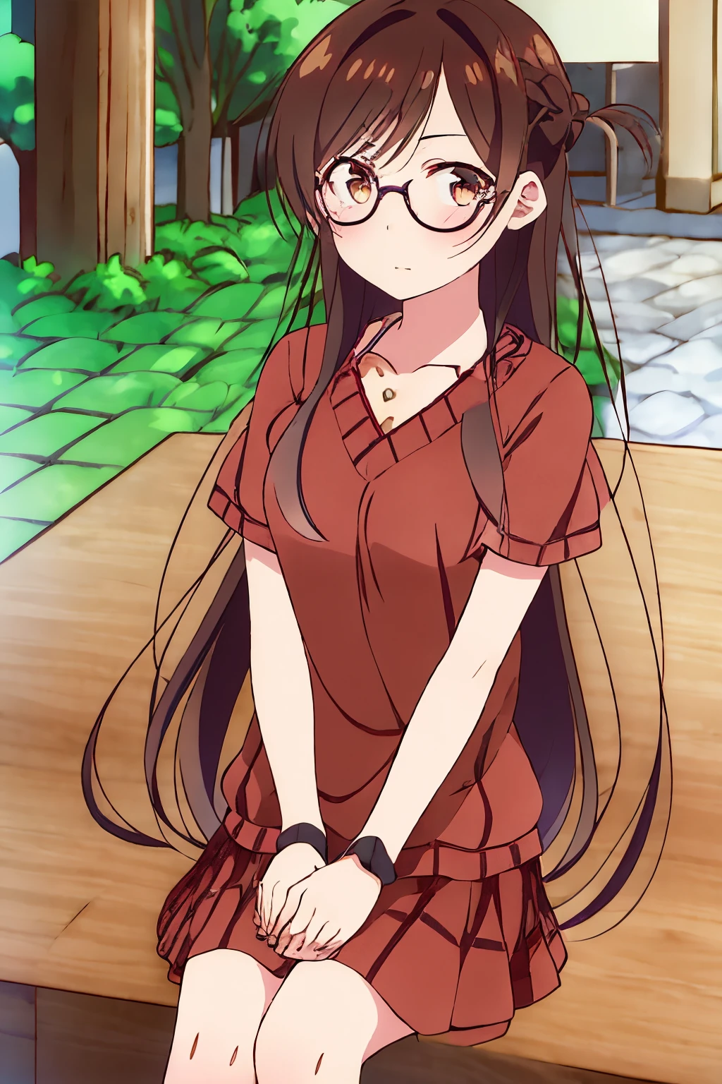 1 girl, alone, chizuru mizuhara, glasses, twin braids, masterpiece, best quality, 8k wallpaper, 1 girl, beautiful detailed eyes, 1 girl, alone, long hair, hair ornament, hairpin, breasts, loose sweater straight black, cleavage, collarbone, brown hair, brown eyes, medium breasts, medium hips, wide thighs,