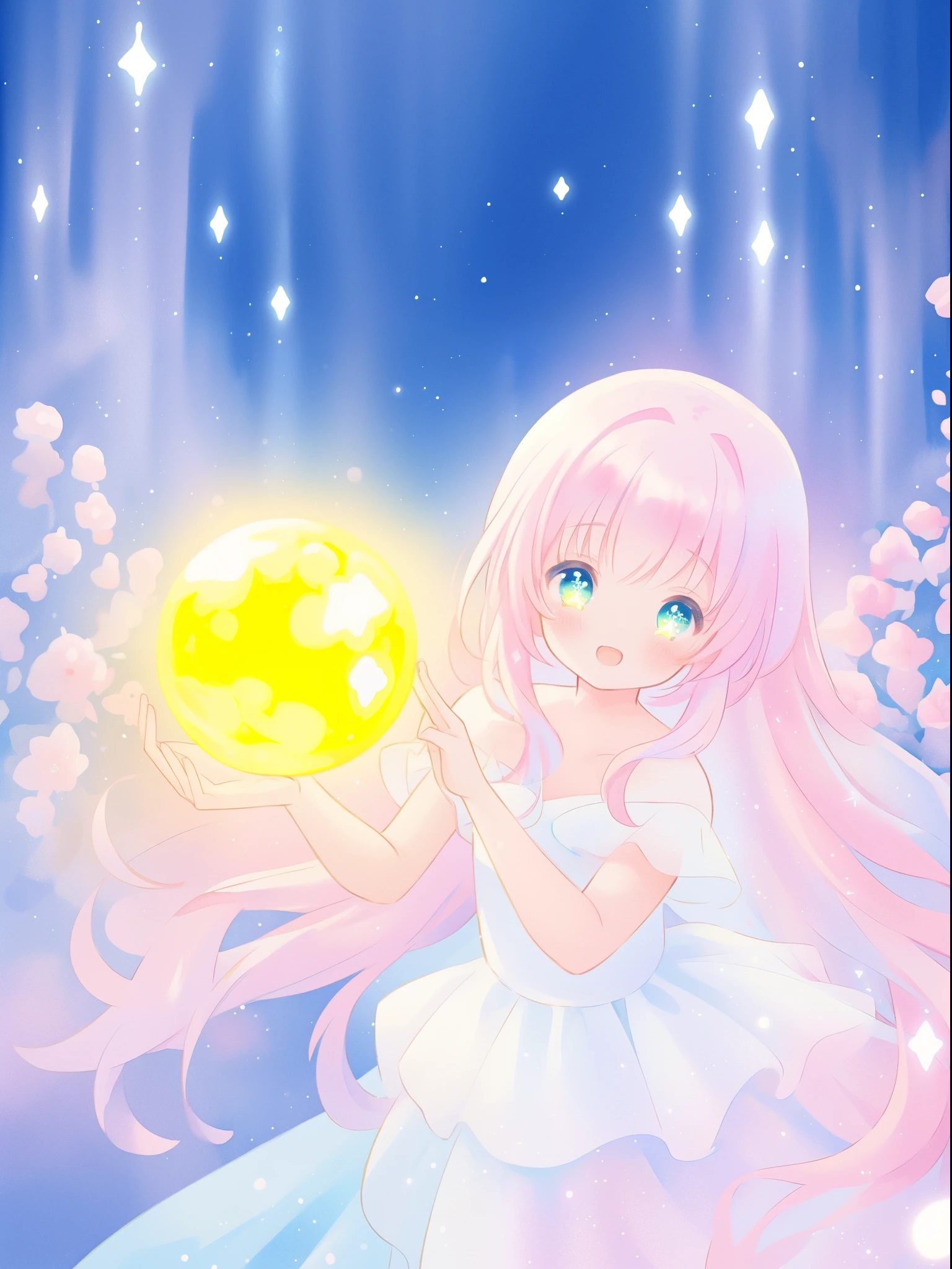 beautiful girl in sparkling white dress holding a magical sphere, ((sparkling puffy layered ballgown)), (magical, whimsical), (glowing magical orb), long flowing colorful hair, colorful fantasia background, watercolor illustration, disney art style, glowing aura around her, glowing lights, beautiful digital illustration, fantasia otherworldly landscape plants flowers, beautiful, masterpiece, best quality, anime disney style