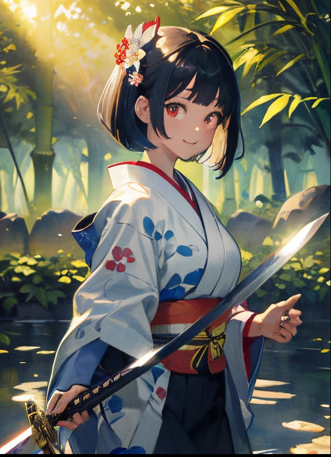 ((masterpiece, super detail, exquisite detail, top quality, illustration)), one girl, solo, high quality, watching viewer, red eyes, black hair, bob cut, floral hair ornament, smile, floral kimono, Japan in garden, bamboo forest, white gravel garden, shoji doors, transparent sunlight, feminine, powerful, traditional, ukiyo-e, oriental aesthetics, elegant, beautiful, detailed, bright colors, high contrast, dynamic lighting, realistic texture, traditional painting style, illustration aesthetics, ((holding a sword)), thighs,
