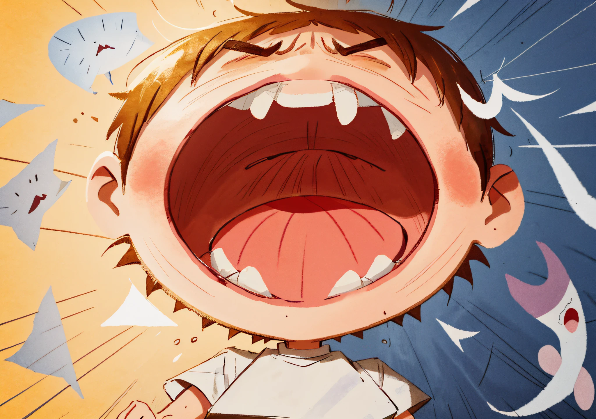 Cartoon drawing,Sad boy, , open wide mouth, ,scream cry,Tears remained,The background overall has a yellowish warm tone