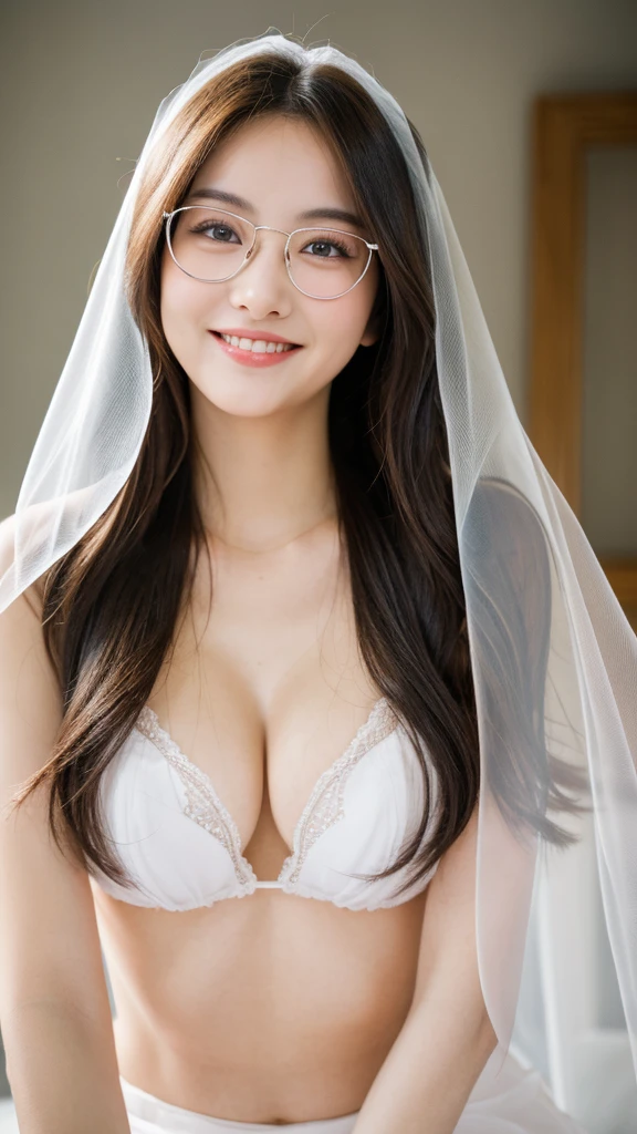 (realistic, high resolution:1.3), 1 girl with perfect figure,thin round glasses,smile, looking at viewers,super fine face and eyes, long hair, white transparent veil: 1.2 , in bedroom, sit on the bed, huge breasts, exposed cleavage