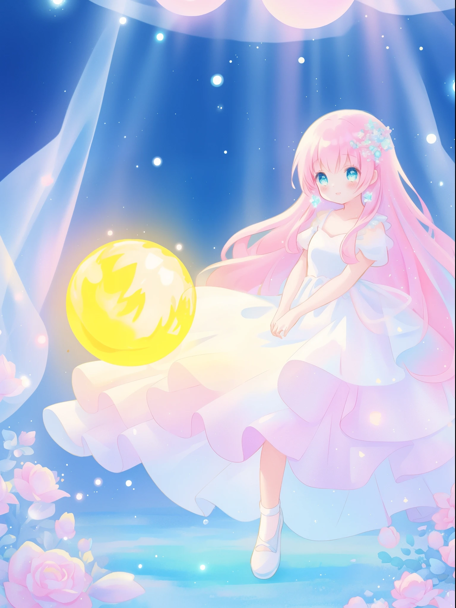 beautiful girl in sparkling white dress holding a magical sphere, ((sparkling puffy layered ballgown)), (magical, whimsical), (glowing magical orb), long flowing colorful hair, colorful fantasia background, watercolor illustration, disney art style, glowing aura around her, glowing lights, beautiful digital illustration, fantasia otherworldly landscape plants flowers, beautiful, masterpiece, best quality, anime disney style