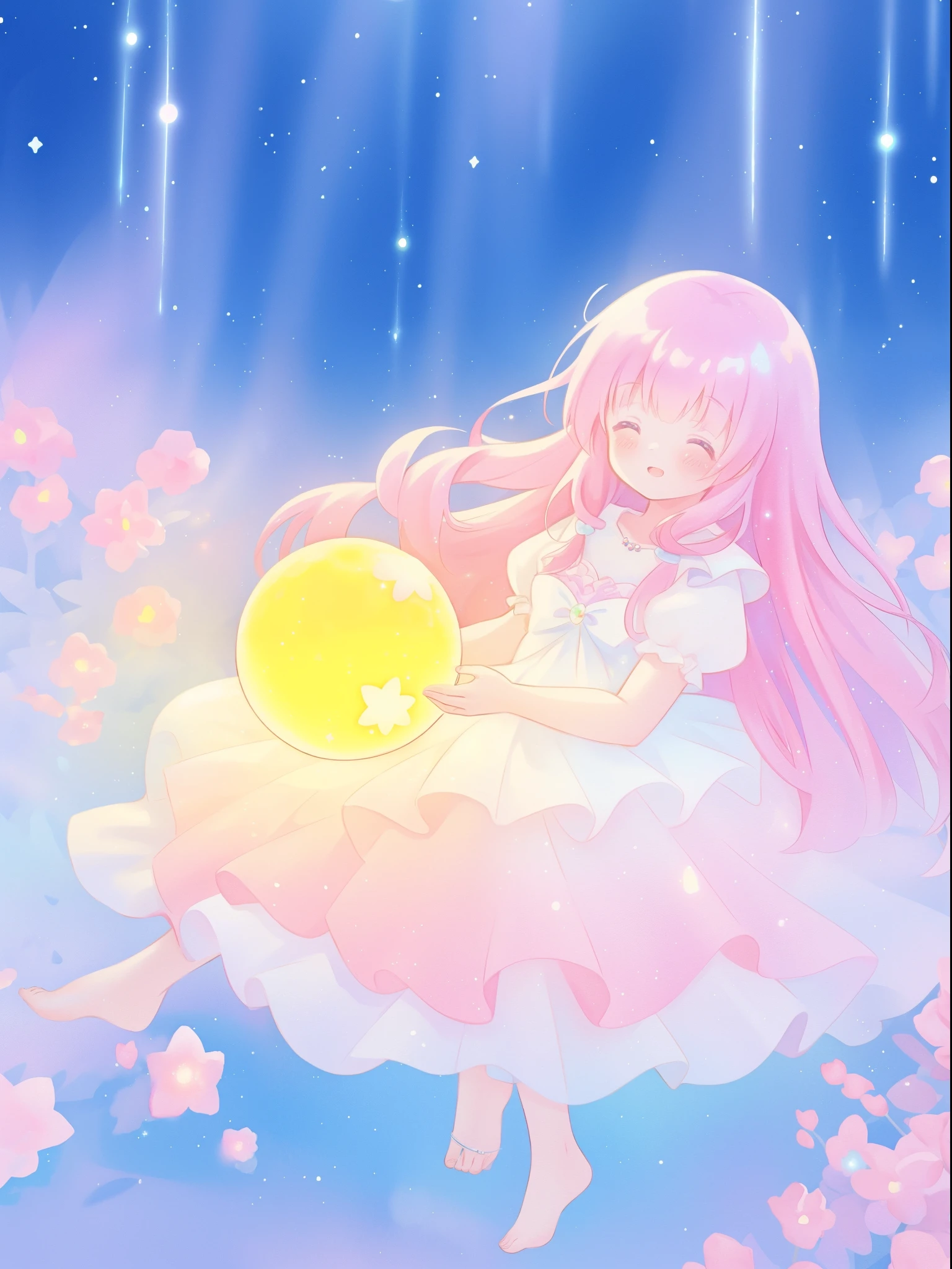 beautiful girl in sparkling white dress holding a magical sphere, ((sparkling puffy layered ballgown)), (magical, whimsical), (glowing magical orb), long flowing colorful hair, colorful fantasia background, watercolor illustration, disney art style, glowing aura around her, glowing lights, beautiful digital illustration, fantasia otherworldly landscape plants flowers, beautiful, masterpiece, best quality, anime disney style