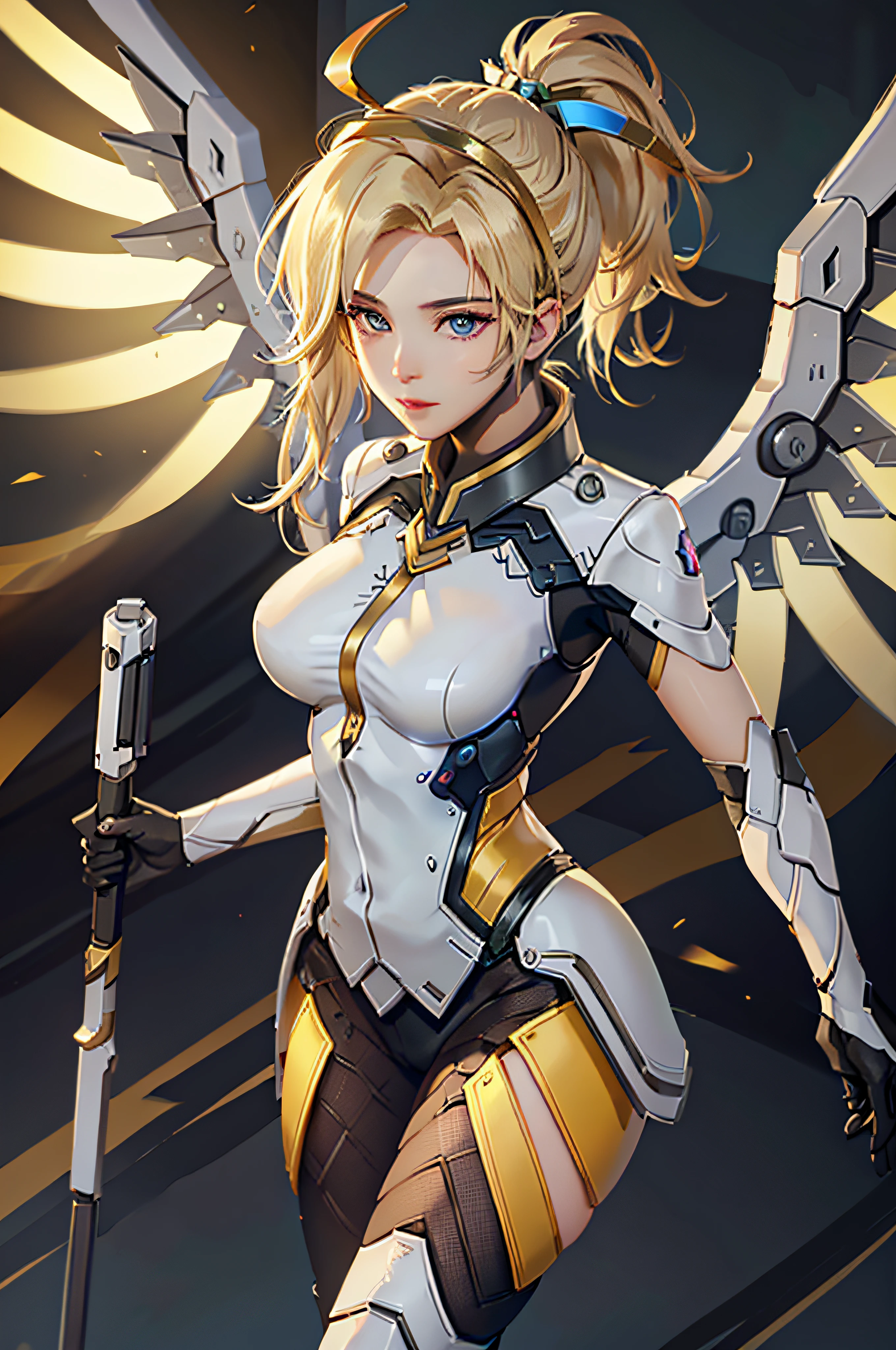 MercyOver, 1girl, mercy (overwatch), mechanical wings, mechanical halo, solo, blonde hair, wings, blue eyes, halo, staff, yellow wings, breasts, bodysuit, holding,, lips, looking at viewer, holding staff, medium breasts, spread wings, glowing wings, nose, high ponytail, ponytail, standing, upper body portrait, looking at the viewer,