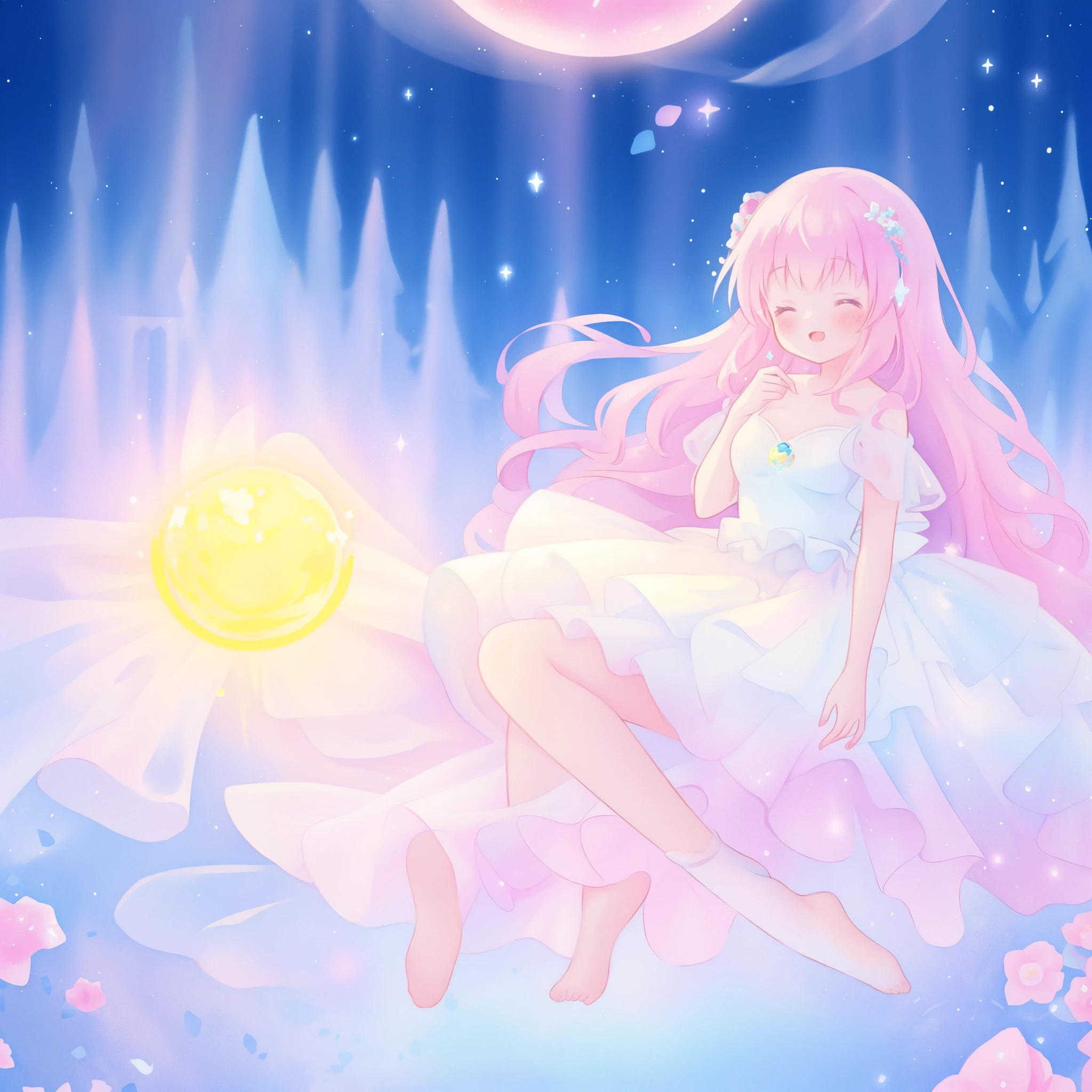beautiful girl in sparkling white dress holding a magical sphere, ((sparkling puffy layered ballgown)), (magical, whimsical), (glowing magical orb), long flowing colorful hair, colorful fantasia background, watercolor illustration, disney art style, glowing aura around her, glowing lights, beautiful digital illustration, fantasia otherworldly landscape plants flowers, beautiful, masterpiece, best quality, anime disney style