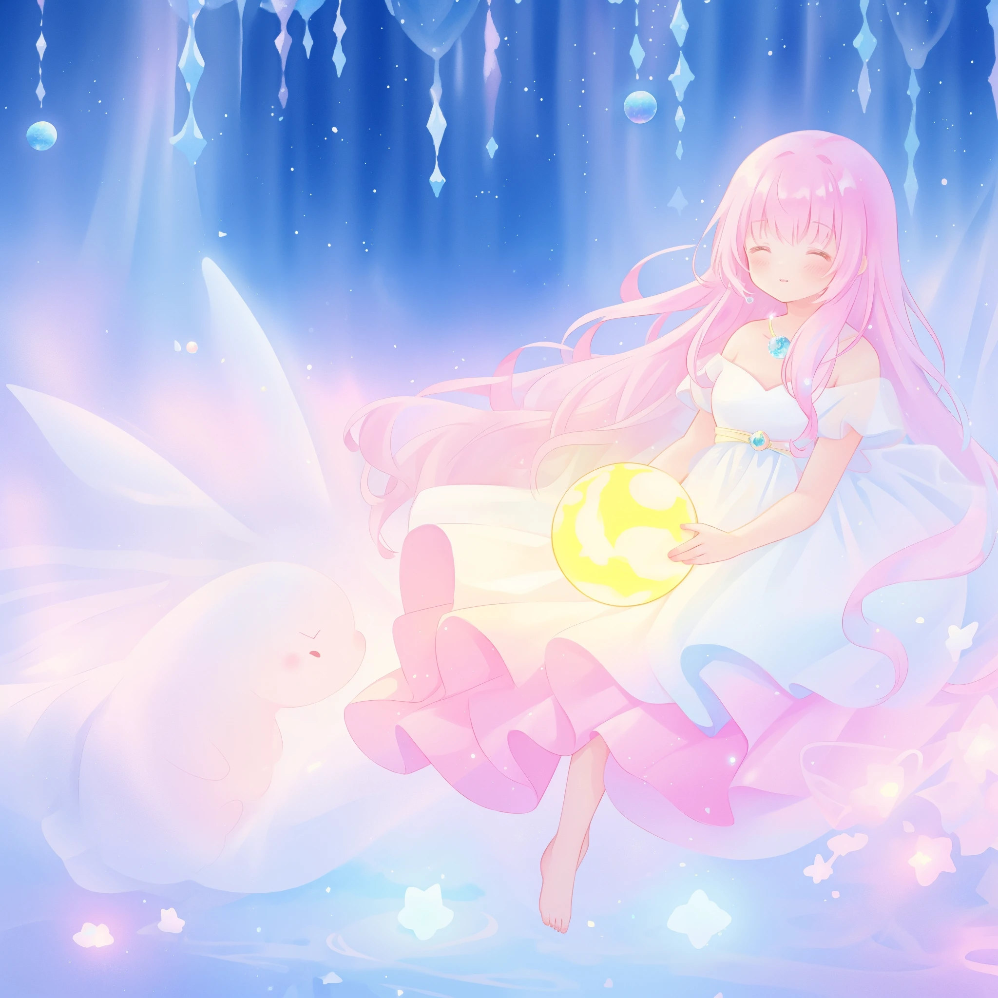beautiful girl in sparkling white dress holding a magical sphere, ((sparkling puffy layered ballgown)), (magical, whimsical), (glowing magical orb), long flowing colorful hair, colorful fantasia background, watercolor illustration, disney art style, glowing aura around her, glowing lights, beautiful digital illustration, fantasia otherworldly landscape plants flowers, beautiful, masterpiece, best quality, anime disney style
