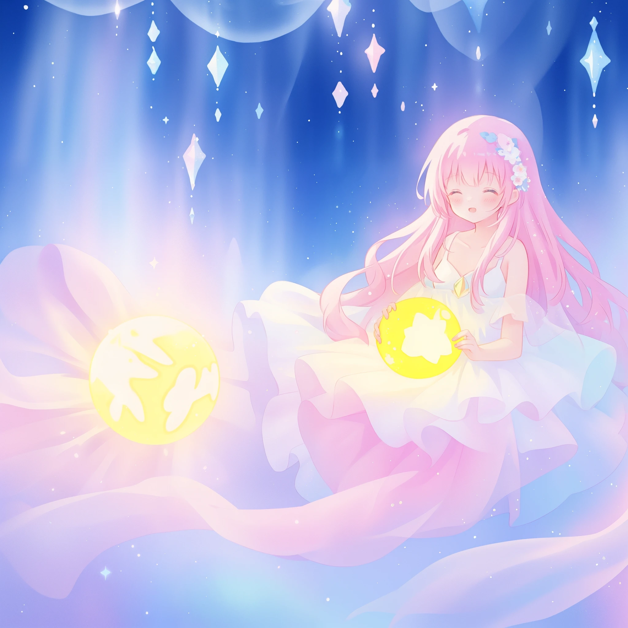 beautiful girl in sparkling white dress holding a magical sphere, ((sparkling puffy layered ballgown)), (magical, whimsical), (glowing magical orb), long flowing colorful hair, colorful fantasia background, watercolor illustration, disney art style, glowing aura around her, glowing lights, beautiful digital illustration, fantasia otherworldly landscape plants flowers, beautiful, masterpiece, best quality, anime disney style