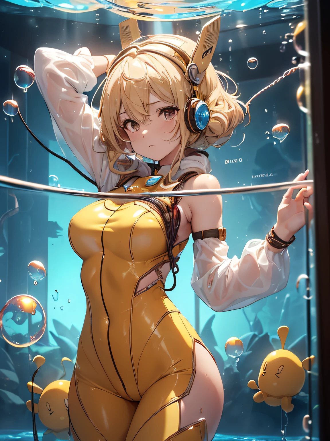 (hyperdetails), (masutepiece), (good lighting), 8K, Solo, Cowboy Shot , (mori yuki), Blonde hair, Brown eyes, Yellow bodysuit, Yellow boots, Skin Tight, Belt bag, (detailed and delicate costumes:1.2), Slender body, medium round breasted, Upper body, (((lying in a glass chamber filled with water, surrounded by bubbles))), on back, more_Details:1.5, ((Press your chest against the glass wall, Glass hands)), (turn over in water, Floating hair), ((Therefore weakness)), ((energy is absorbed from the body:1.6)), ((Connect the cable to the headgear:1.6))