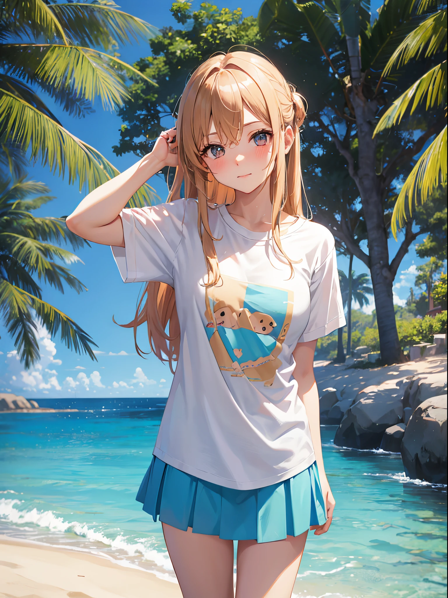 Asuna, pull hands pov, dating, wearing a t-shirt, white t-shirt, mini skirt, cyan skirt, sand beach, blushing face, pov, potrait
