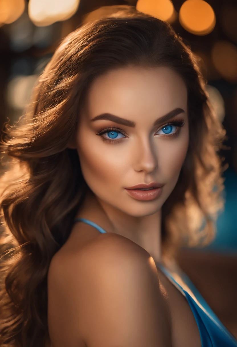 A poised and alluring woman with captivating blue eyes, resembling the ultra-realistic Sophie Mudd. She wears natural makeup, exudes a sexy charm in a short dress, and poses in club setting with a prominent bust.