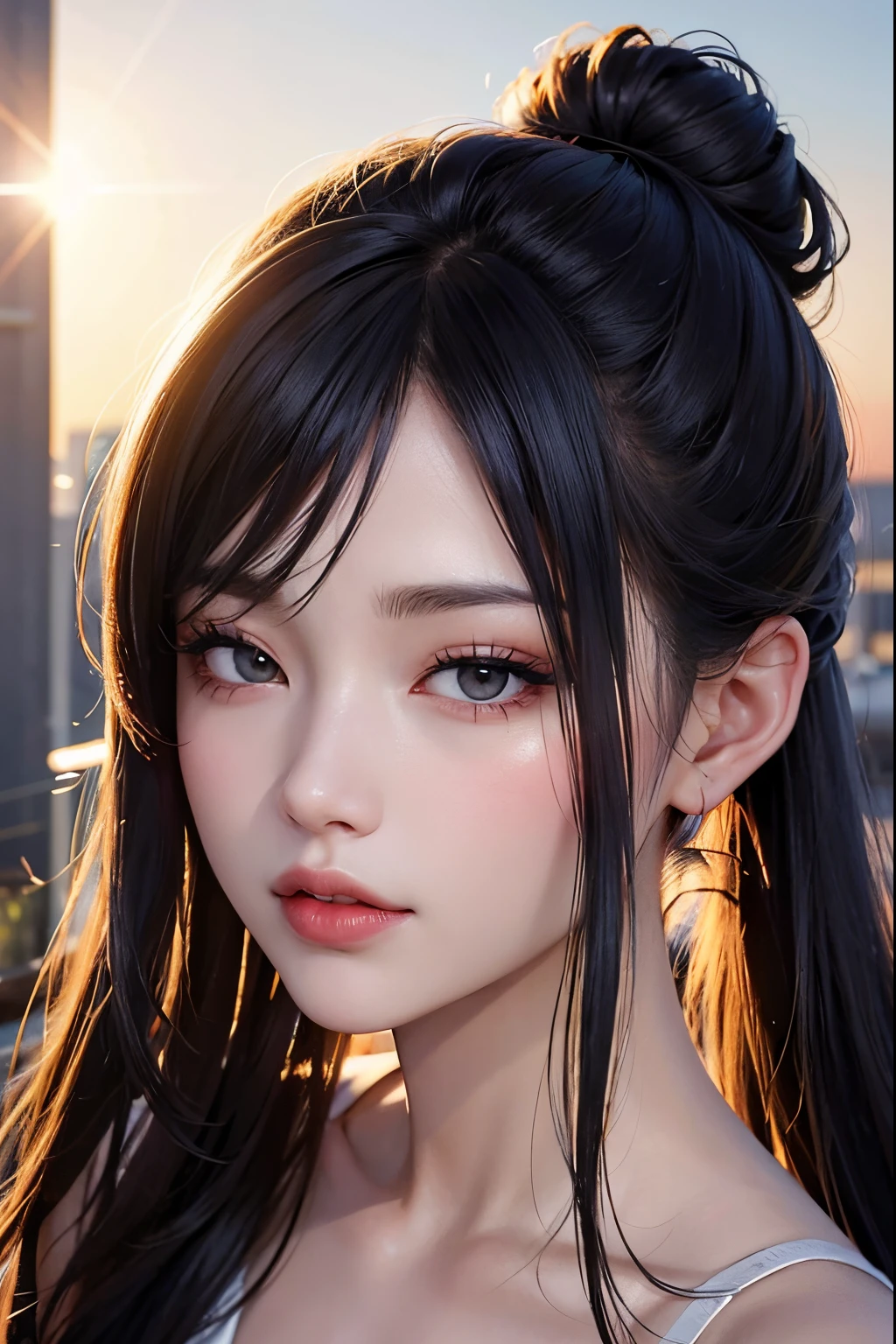 tmasterpiece， Best quality， 8K， beauitful face， highdetailskin， hyper-detailing， 超A high resolution， realistically， A high resolution， ，lens flare glow， （top bun hair bun：1.5），（Same makeup for both eyes：1.5），is a perfect face，pulled eyes， Detailed lighting， 詳細な目，Detailed skins， detailed shadow，rally skin，（with her mouth open：1.02）， （With his eyes closed：0.9），putting makeup on，Background with，sunrise in the east，lookingat_Show on the_Vistas