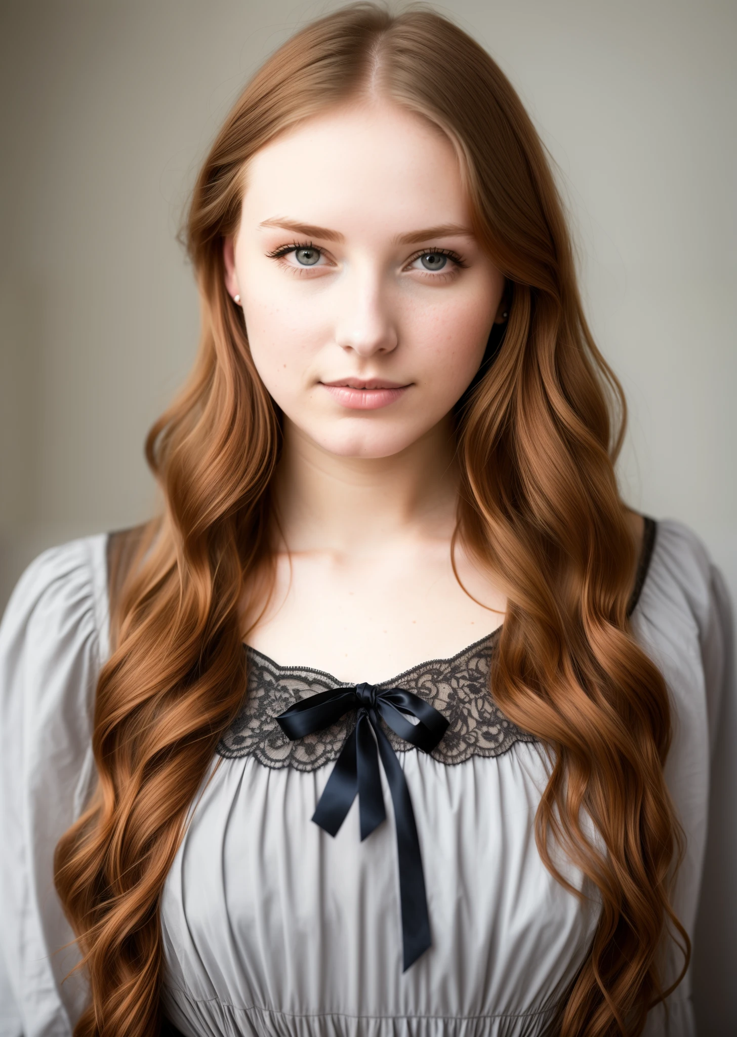 Young woman aged 21 years old, strawberry blonde hair and grey eyes, early Victorian dress