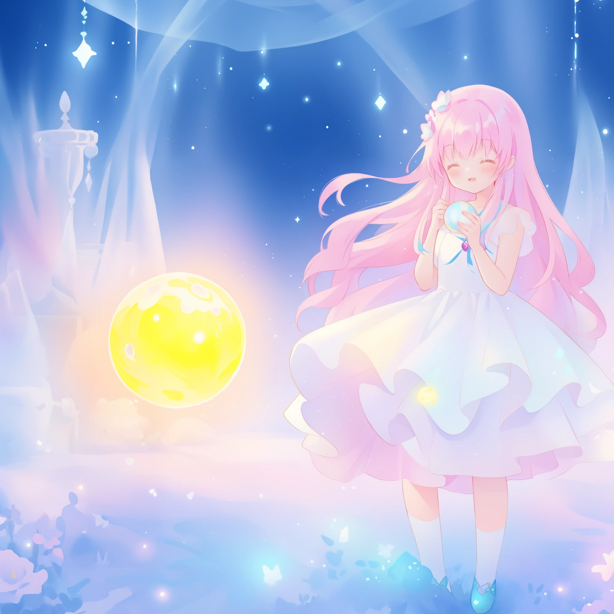 beautiful girl in sparkling white dress holding a magical sphere, ((sparkling puffy layered ballgown)), (magical, whimsical), (glowing magical orb), long flowing colorful hair, colorful fantasia background, watercolor illustration, disney art style, glowing aura around her, glowing lights, beautiful digital illustration, fantasia otherworldly landscape plants flowers, beautiful, masterpiece, best quality, anime disney style