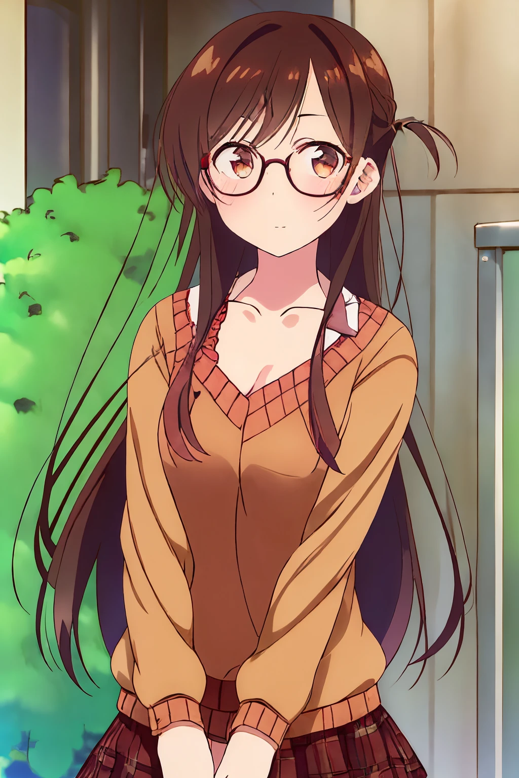 1 girl, alone, chizuru mizuhara, glasses, twin braids, masterpiece, best quality, 8k wallpaper, 1 girl, beautiful detailed eyes, 1 girl, alone, long hair, hair ornament, hairpin, breasts, loose sweater straight black, cleavage, collarbone, brown hair, brown eyes, medium breasts, medium hips, wide thighs,