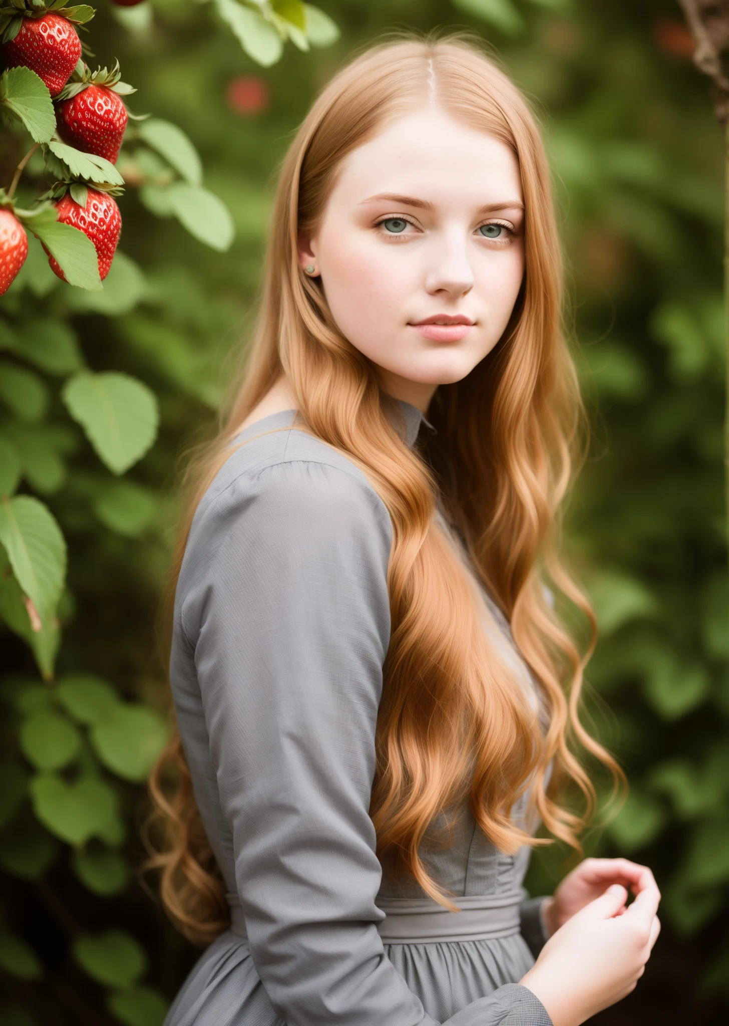 Young woman aged 21 years old, strawberry blonde hair and grey eyes, early Victorian dress