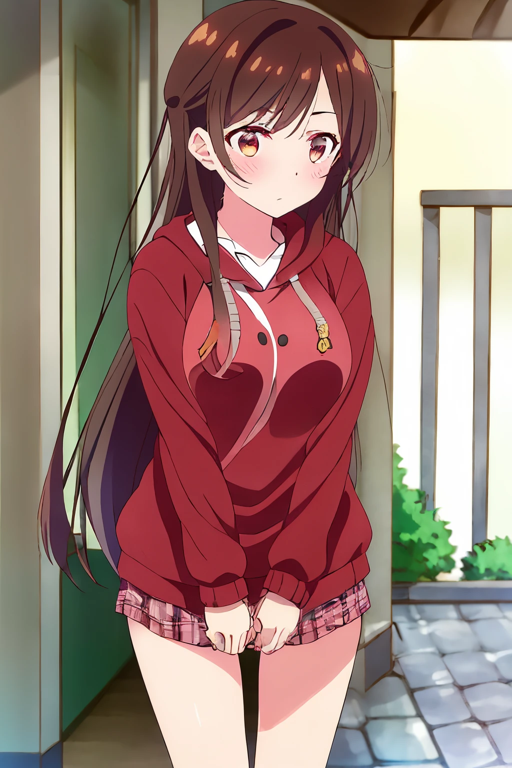 1 girl, alone, chizuru mizuhara, masterpiece, best quality, 8k wallpaper, beautiful detailed eyes, 1 girl, long hair, breasts, looking at viewer, blushing, brown hair, brown eyes, large breasts, medium hips, thighs baggy, red hoodie,