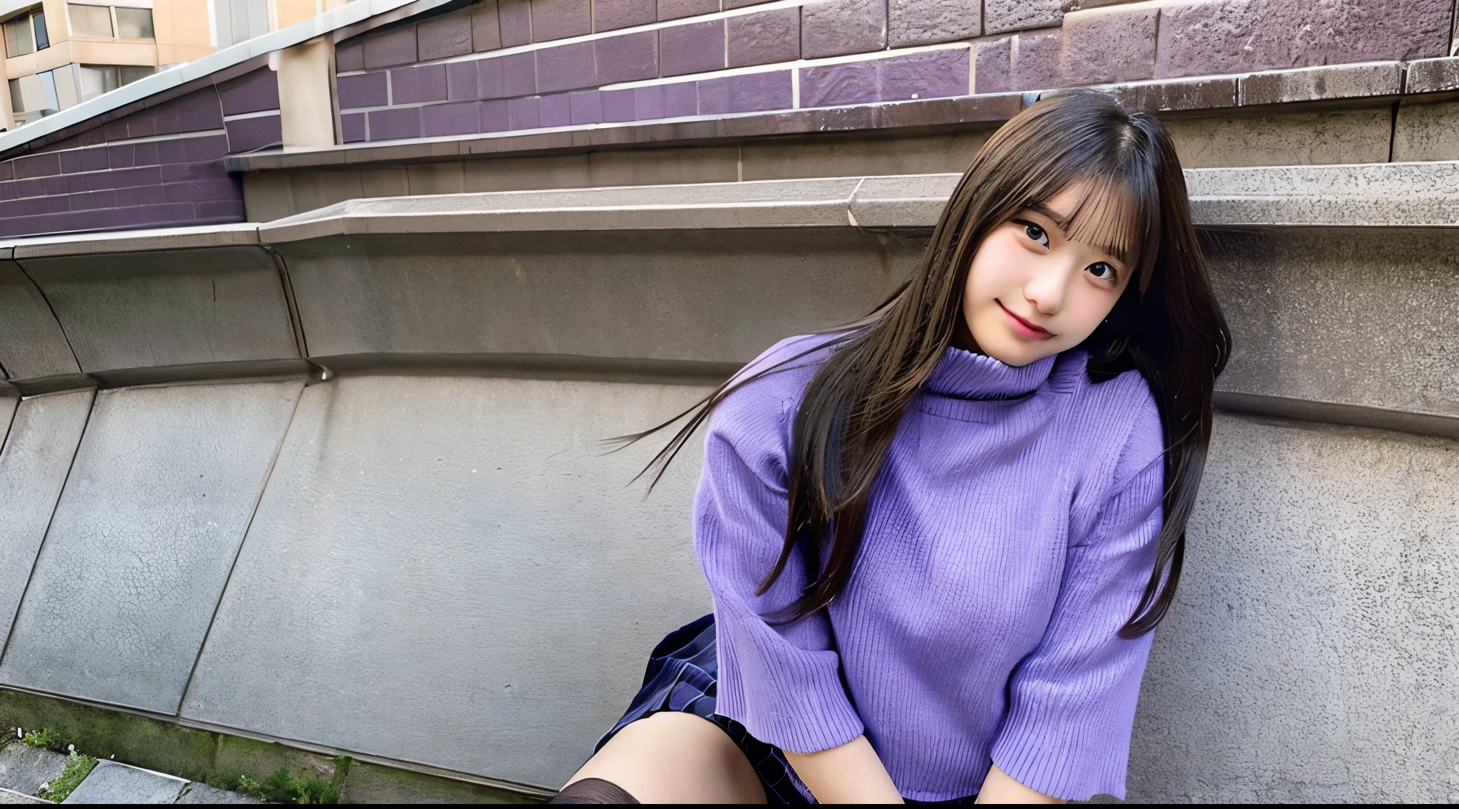 Beautiful 18 year old high school girl in a purple miniskirt