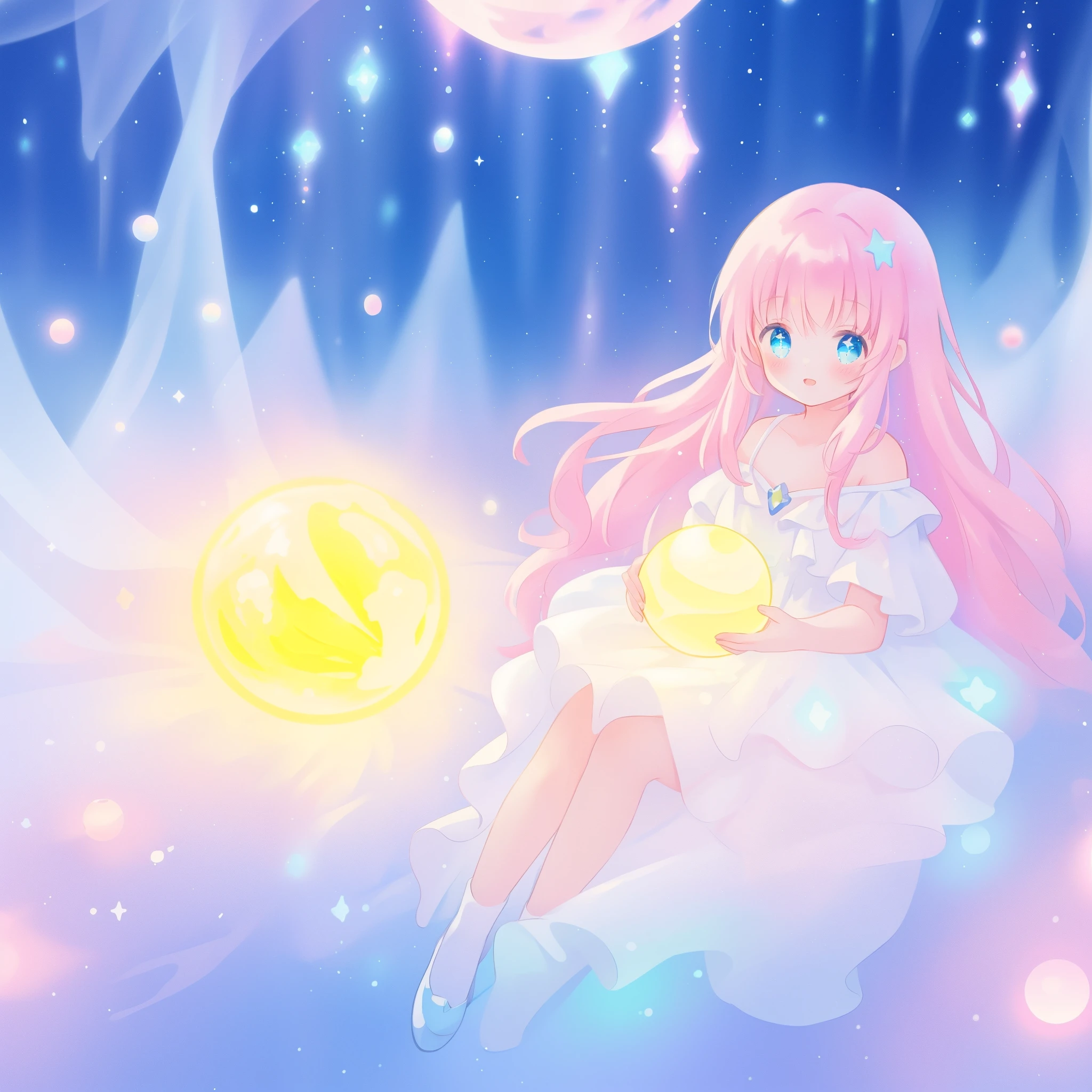 beautiful girl in sparkling white dress holding a magical sphere, ((sparkling puffy layered ballgown)), (magical, whimsical), (glowing magical orb), long flowing colorful hair, colorful fantasia background, watercolor illustration, disney art style, glowing aura around her, glowing lights, beautiful digital illustration, fantasia otherworldly landscape plants flowers, beautiful, masterpiece, best quality, anime disney style