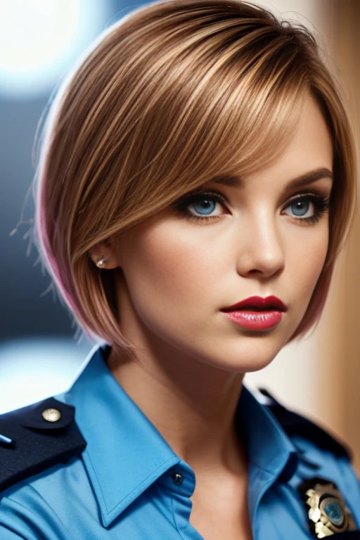 Petite 30 year old police woman with light strawberryblonde hair in a short undercut bob and striking blue eyes wearing eye liner, pink lips, in a blue police uniform, detailed face, in candle light