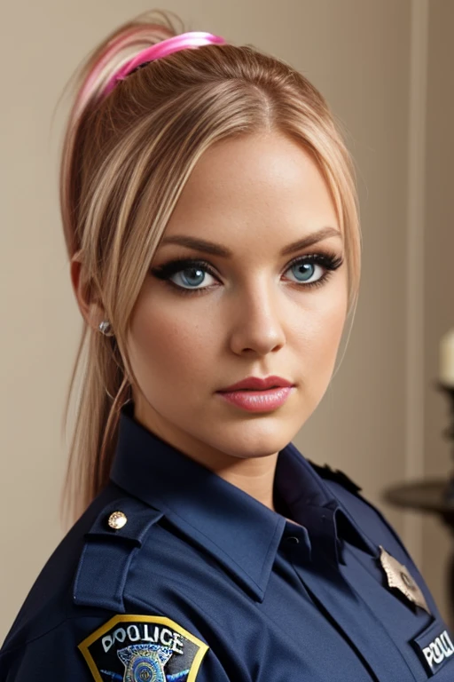 Petite 30 year old police woman with light strawberryblonde hair in a ponytail and striking blue eyes wearing eye liner, pink lips, in a blue police uniform, detailed face, in candle light