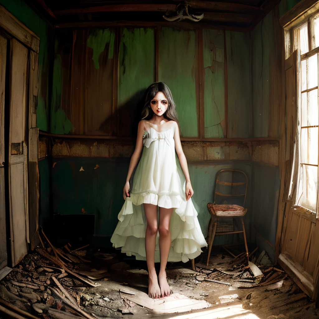 cantos de uma casa abandonada com pequenos seres de olhos fotomitos darkness realism HD, um fantasma mulher bonita de cabelos longos ruivos, 
vestido antigo verde   ela transparente, olhando ps seres