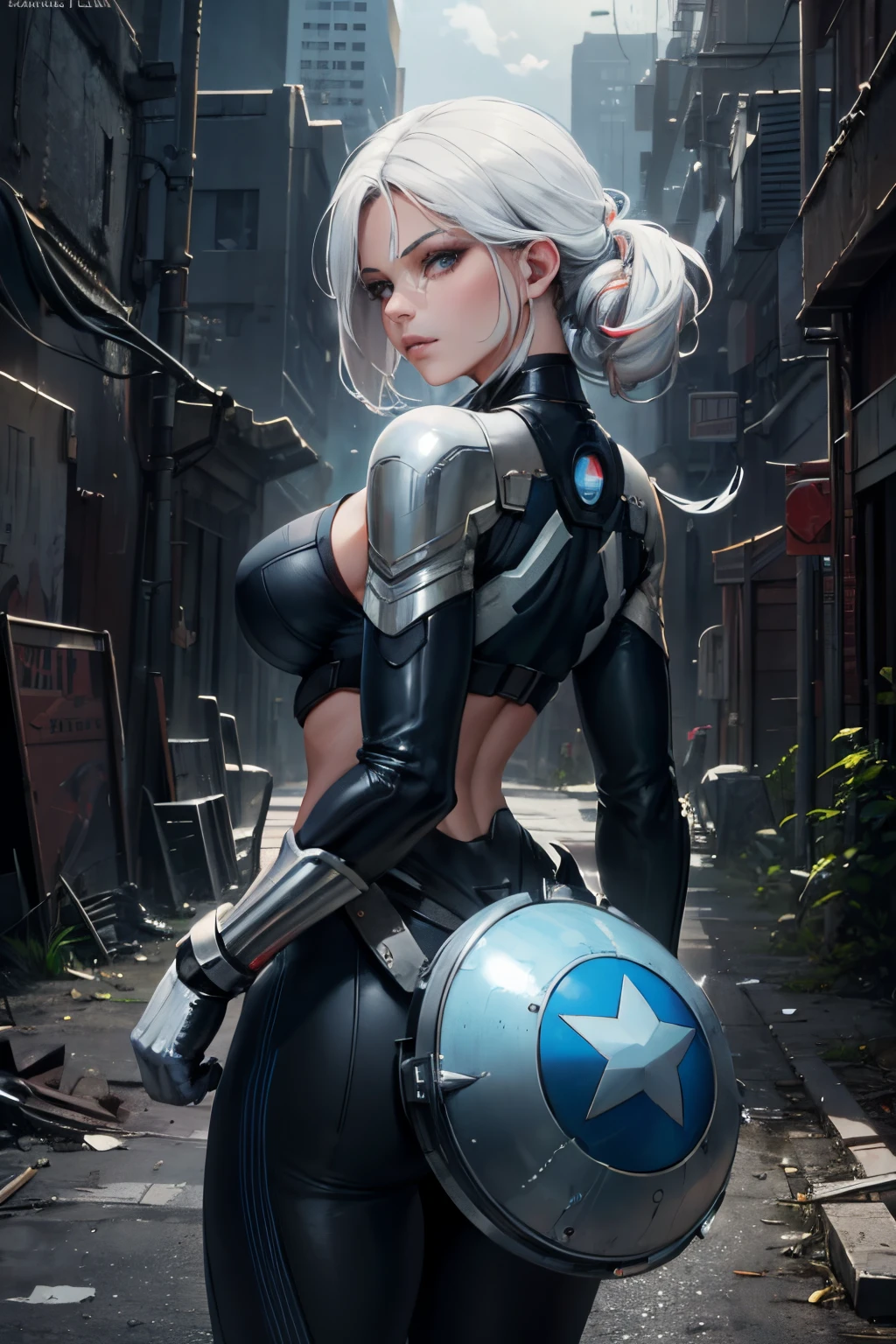 (1girl:1.3), solo, __body-parts__, official art, unified wallpaper 8k, super detailed, beautiful and aesthetic, beautiful, masterpiece, best quality, raw, masterpiece, super beautiful photo, best quality, super high resolution, photorealistic realism, sunlight, full-length portrait, amazing beauty, dynamic pose, delicate face, bright eyes, white hair ((rear view)), she wears a futuristic Captain America costume, blue color scheme, (holding a shield), Capital A on the chest, very detailed abandoned warehouse background, detailed face, detailed complex busy background, dirty, gorgeous, milky white, very detailed skin, realistic skin details, visible pores, sharp focus, volumetric mist, 8k uhd, SLR camera, high quality, film grain, light leather, photorealism, lomography, huge metropolis in a future dystopia, bottom view, translucent