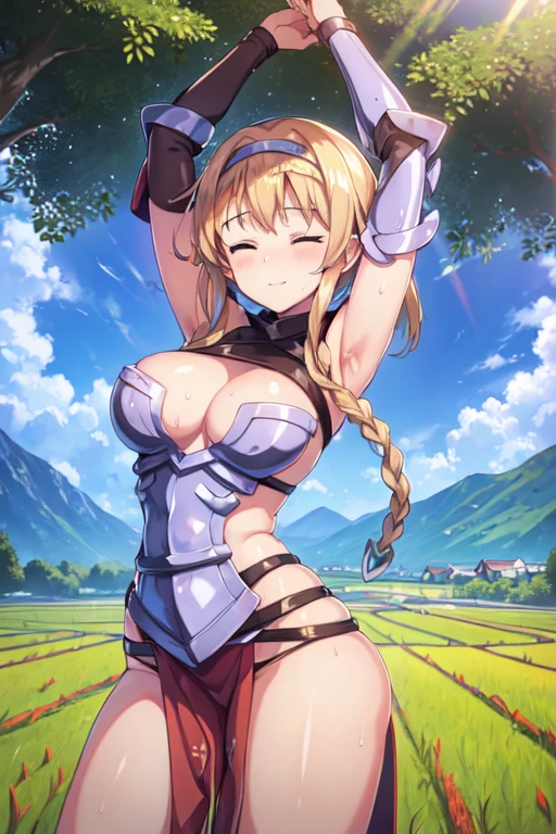 LeinaQuiron woman, 1girl, solo, breasts, blush, blue eyes, blonde hair, large breasts, cleavage, braid, hairband, armor, twin braids, side braid, short hair with long locks, buckle, shield BREAK (masterpiece, best quality:1.3), 4k, ultra-detailed, trending in pixiv, detailed background, BREAK (amidst the paddy field, countryside, scenery:1.4), BREAK (basking in the sunlight, cross-body stretch:1.3), smile, closed eyes, (sweat, shiny skin:1.3)