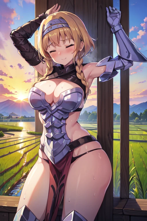 LeinaQuiron woman, 1girl, solo, breasts, blush, blue eyes, blonde hair, large breasts, cleavage, braid, hairband, armor, twin braids, side braid, short hair with long locks, buckle, shield BREAK (masterpiece, best quality:1.3), 4k, ultra-detailed, trending in pixiv, detailed background, BREAK (amidst the paddy field, countryside, scenery:1.4), BREAK (basking in the sunlight, cross-body stretch:1.3), smile, closed eyes, (sweat, shiny skin:1.3)