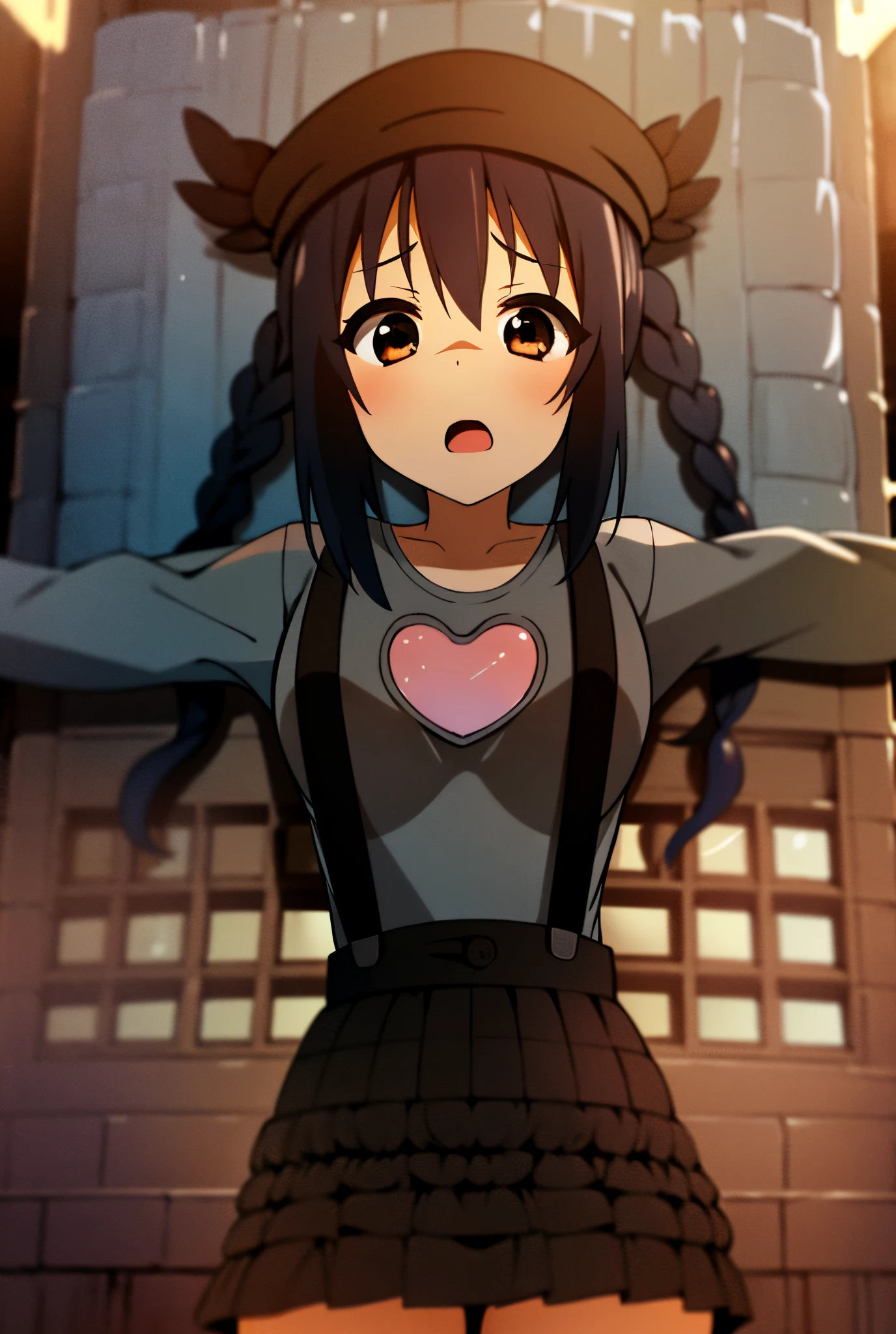 1girl, (((masterpiece))), top-quality, top-quality, High Details, nakano azusa, 1girl, Twin-tailed, length hair, A dark-haired, brown-eyed, Gray T-shirt.suspenders.a black skirt.illustratio, comic strip, soothing tones, Subdued Color, Soft cinematic light, adobe lightroom, photolab, HDR, intricately and hyper-detailed、(((depth of fields))))。(((masterpiece)))。(((top-quality))).)((ultra-detailliert)))。(((illustratio)))。(((takeout))).dynamic focus.big breasts.(((Skyscrapers))).(((A city scape))).(((Face of sadness))). open mouth.(((fighting stance))).(((up chest))).((evening glow)).((the setting sun)).(((Heart on chest))).Feathered hat