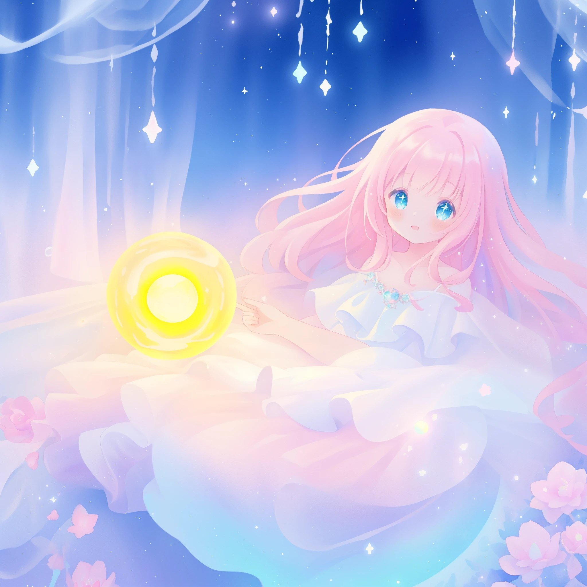 beautiful girl in sparkling white dress holding a magical sphere, ((sparkling puffy layered ballgown)), (magical, whimsical), (glowing magical orb), long flowing colorful hair, colorful fantasia background, watercolor illustration, disney art style, glowing aura around her, glowing lights, beautiful digital illustration, fantasia otherworldly landscape plants flowers, beautiful, masterpiece, best quality, anime disney style