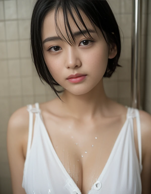 ((top-quality、8K、​masterpiece:1.3))、foco nítido:1.2、Beautiful woman with perfect body:1.4、Slim abdomen:1.2、((Layered Haircut、small tit:1.2))、(no-bra) (Small and beautiful hard nipple) (Thin, damp buttons up to shirt length:1.1)、(wet white shirt from the shower)、(Sateen、a street:1.2)、Wet body:1.1、sodden、Whole body wet body、splash water、Highly detailed facial and skin texture、  A detailed eye、二重まぶた、sexy day、exposed shoulder、cleavage of the breast,Bathroom、Shower room、Luxury underwear、Sheer underwear、Glossy underwear　With short hair, Shiori Teshirogi, Kotegawa Yui, hime-cut, She is , sui ishida with black hair, lain iwakura, girl cute-fine-face, Clear pubic contours,(Small breasts), hight resolution, ighly detailed, top-quality, [​masterpiece:1.6],, ighly detailed, nffsw, finely detail, top-quality, , Cinematographic lighting, 1girl in、17 age、Cute Girls、perfect body type、, Cute droopy eyes、Beautiful big eyes、ultra-detailliert、hight resolution、Transcendent beauty　top-quality、​masterpiece、majicMIX Real、(Raw photography:1.2)、(Photorealsitic:1.4)、Pose Seductive (Heavy rain:1.3), (Wet:1.3), water dripping, (Shibuya:1.4),