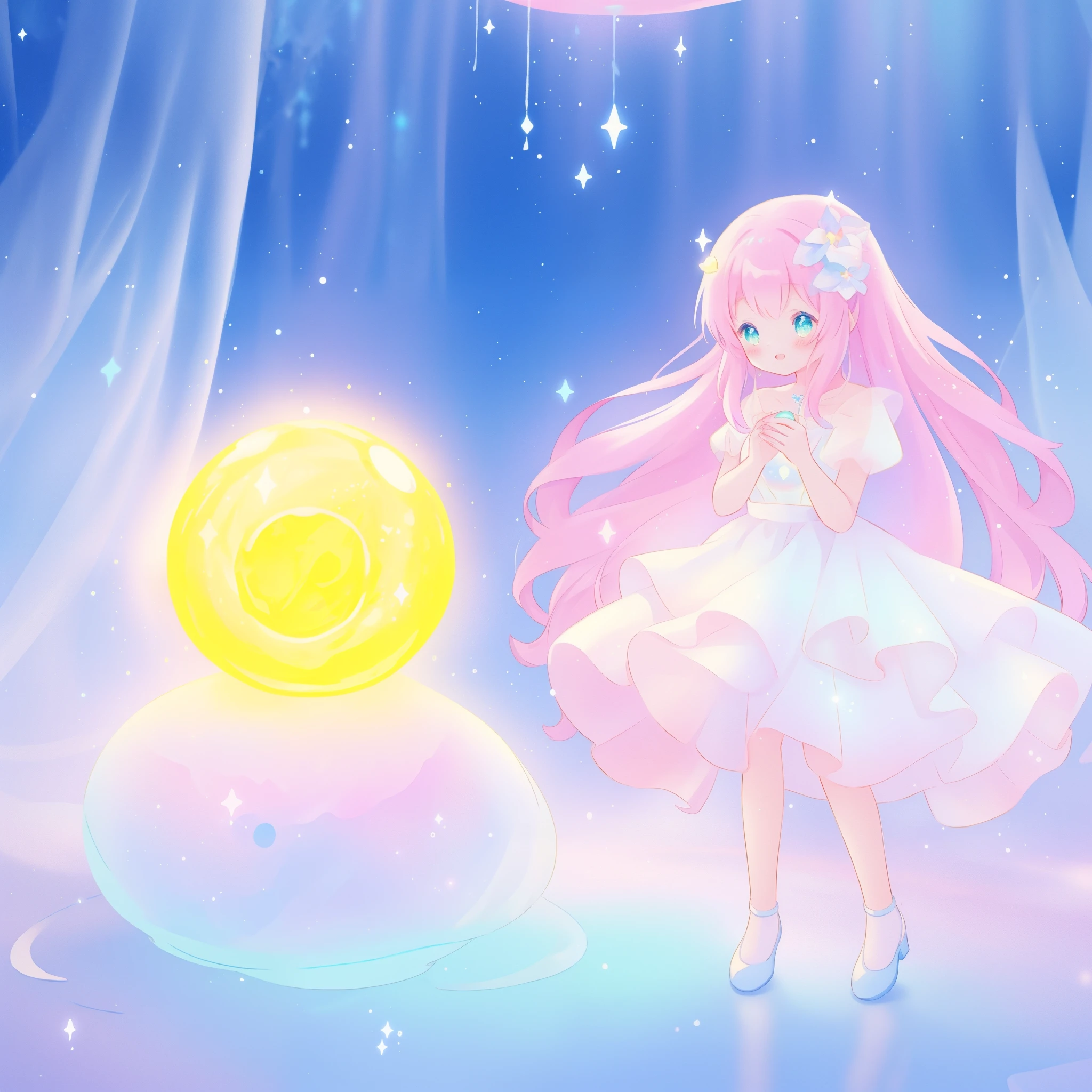 beautiful girl in sparkling white dress holding a magical sphere, ((sparkling puffy layered ballgown)), (magical, whimsical), (glowing magical orb), long flowing colorful hair, colorful fantasia background, watercolor illustration, disney art style, glowing aura around her, glowing lights, beautiful digital illustration, fantasia otherworldly landscape plants flowers, beautiful, masterpiece, best quality, anime disney style