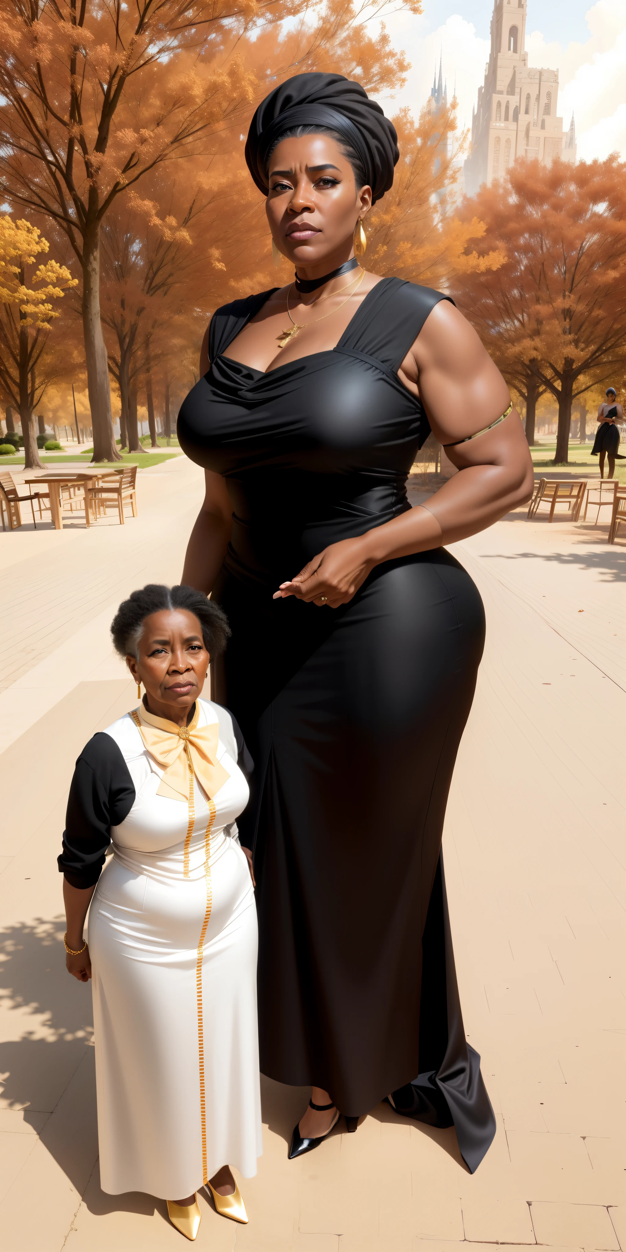 there is a woman standing next to a woman in a black dress, tall and slim figured, taken in the early 2020s, tall and small, she is tall, tall and slim, by Robert Lee Eskridge, real life size, she is about 7 0 years old, very very very tall, very tall, very very very very tall