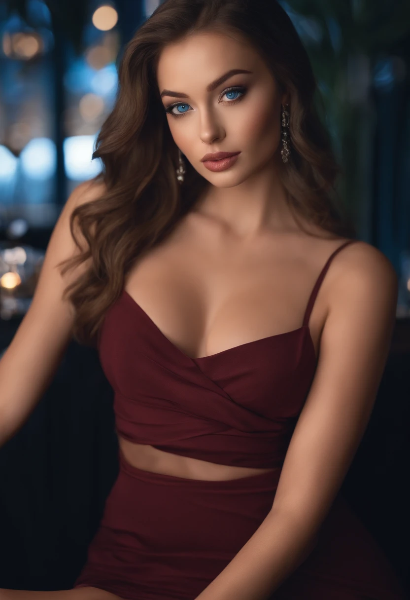 arafed woman with nice attractive sexy clothes, sexy girl with brown eyes, portrait sophie mudd, black hair and large eyes, selfie of a young woman, violet myers, with makeup, natural makeup, looking away from the camera, face with artgram, subtle makeup, stunning upper body shot, in New york city with beautiful background the buildings , cleavage , show the cars and the people