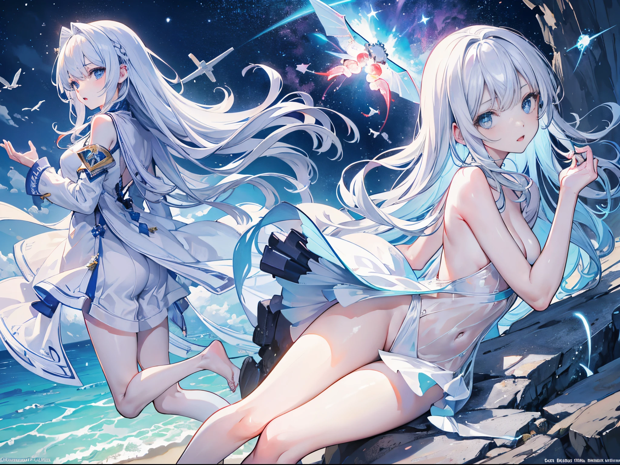 (masterpiece), realistic, beautiful face, cinematic light, bangs, 2 beautiful sisters, full body, from above and side, BBQ, cook seafood , outdoor,  lakeside, beautiful eyes, silver hair, perfect anatomy, very cute,  (blue eyes) , bioluminescence, 8 life size,8k resolution, human hands, elegant, approaching perfection, dynamic, highly detailed, concept art, smooth, facing directly at the viewer positioned so that their body is symmetrical and balanced, stunningly beautiful age girl, detailed hairstyle, fractal art, god ray, 10yodured sadness expression, open mouth and stick out tongue, castle ruins, airplane and contrail, rainbow, winter, naked