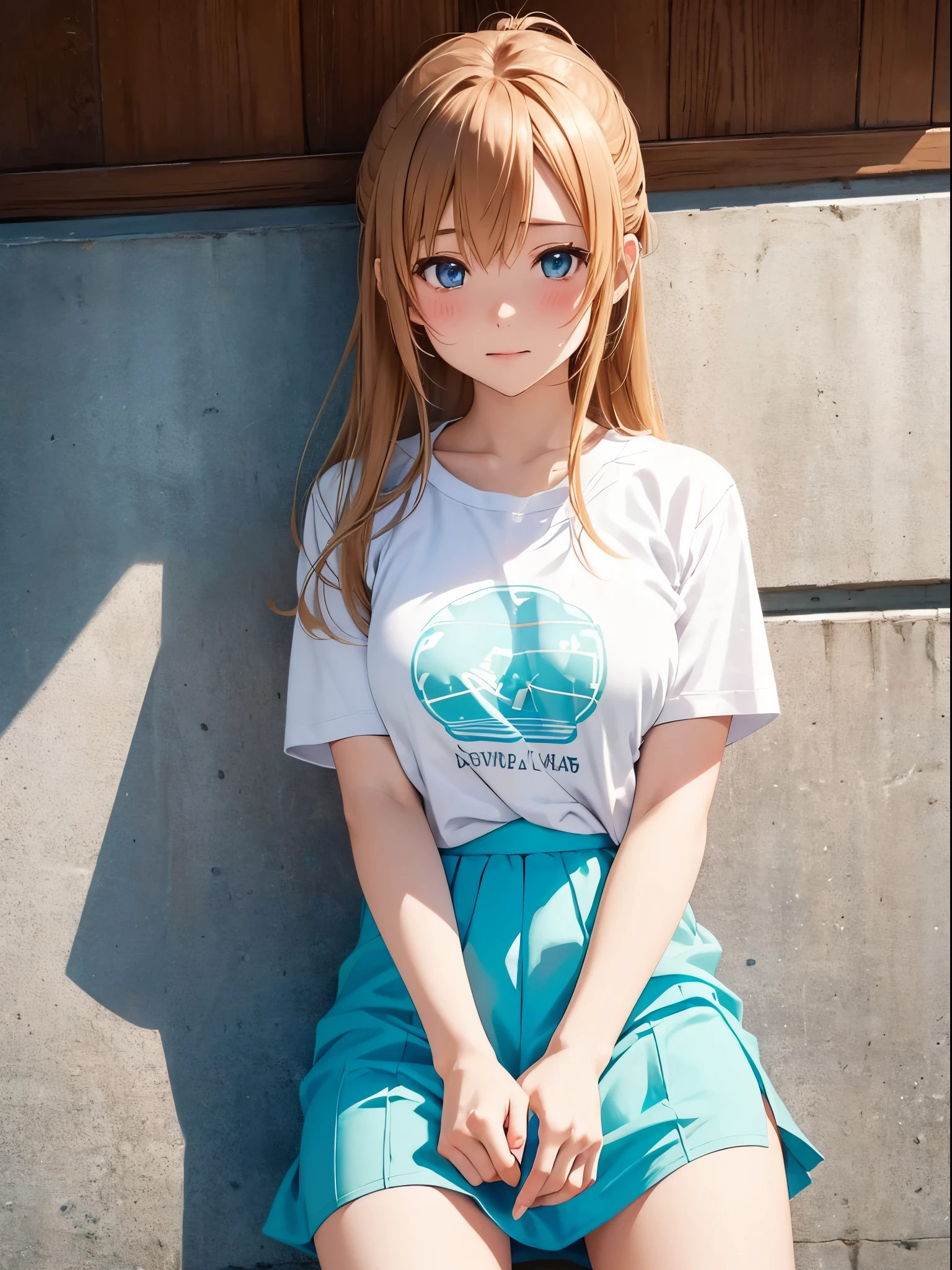 Asuna, pull hands pov, dating, wearing a t-shirt, white t-shirt, mini skirt, cyan skirt, sand beach, blushing face, pov, potrait