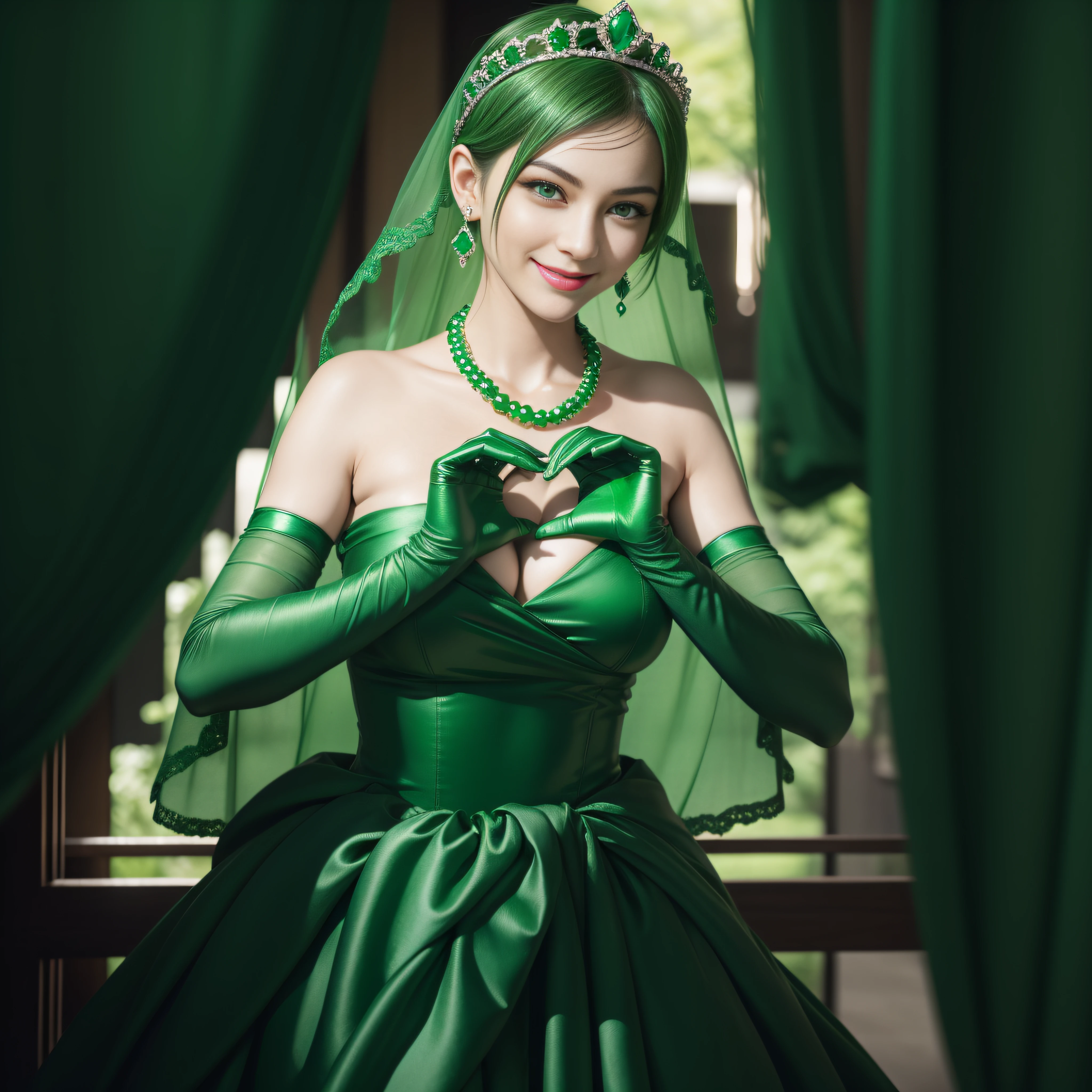 emerald tiara, Green Pearl Necklace, Boyish very short green hair, lipsticks, Japan woman smiling, very short short hair, big breasts beautiful, Green eyes, Long green gloves made of satin material, Green eyes, Emerald Earrings, green vale, Heart with both hands