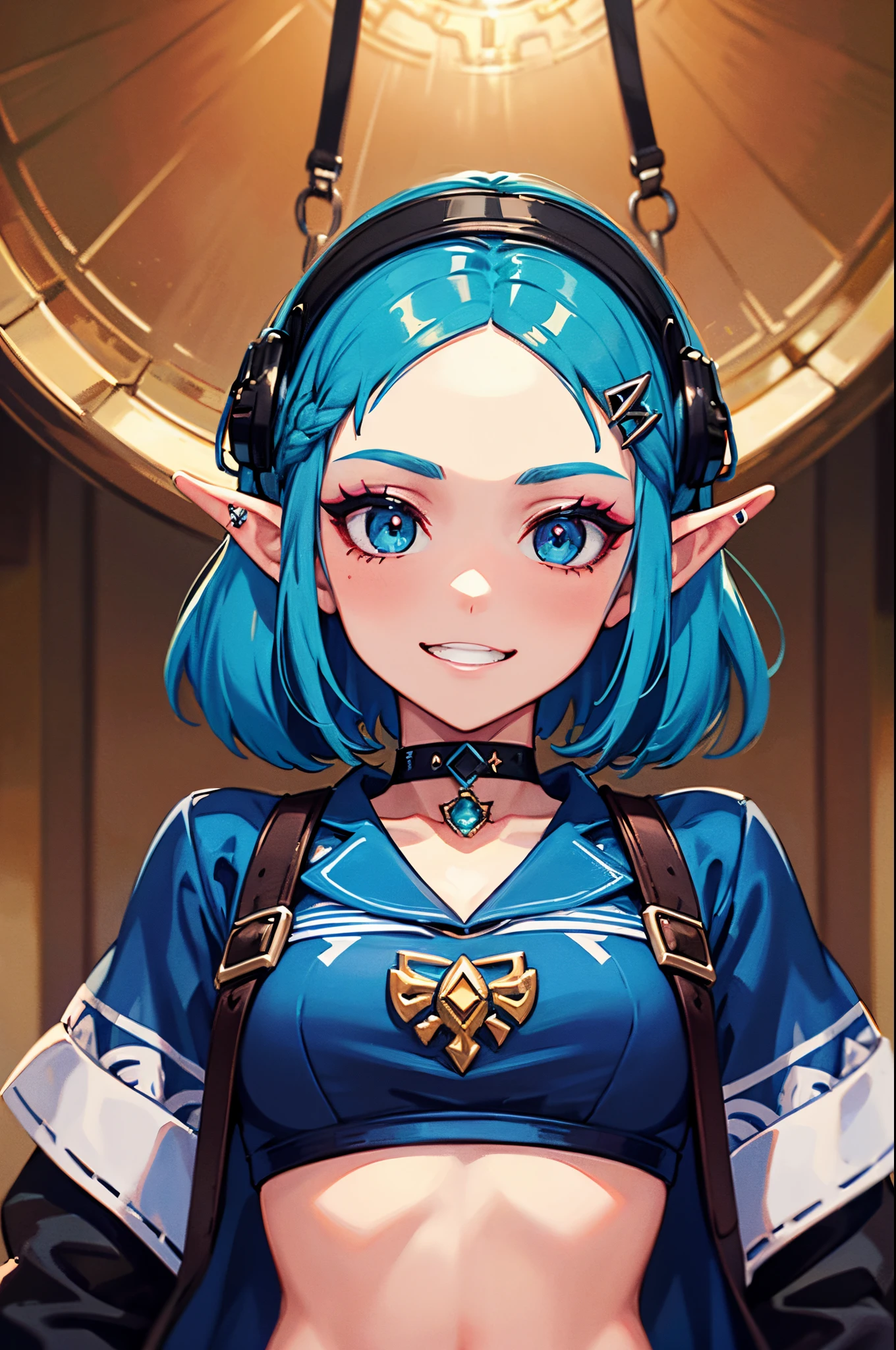 (Punk Zelda), short hair, multicoloured hair, piercing, makeup, crop top, choker, arm straps, (arrogant look), cheeky and bratty behaviour, grinning, (detailed face), (detailed eyes:1.1), masterpiece, best quality, intricate, detailed, sharp, focused, colorful details, iridescent colors, intricate details, dynamic voluminous light, high resolution, enchanted quality.