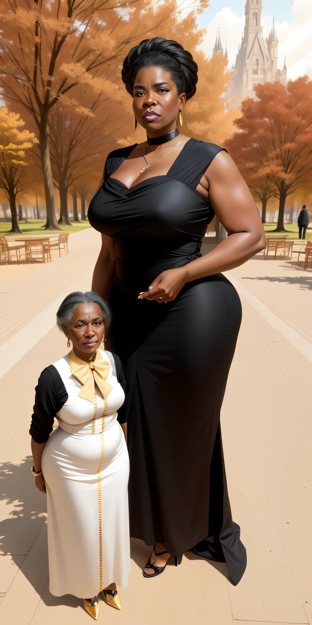 there is a woman standing next to a woman in a black dress, tall and slim figured, taken in the early 2020s, tall and small, she is tall, tall and slim, by Robert Lee Eskridge, real life size, she is about 7 0 , very very very tall, very tall, very very very very tall