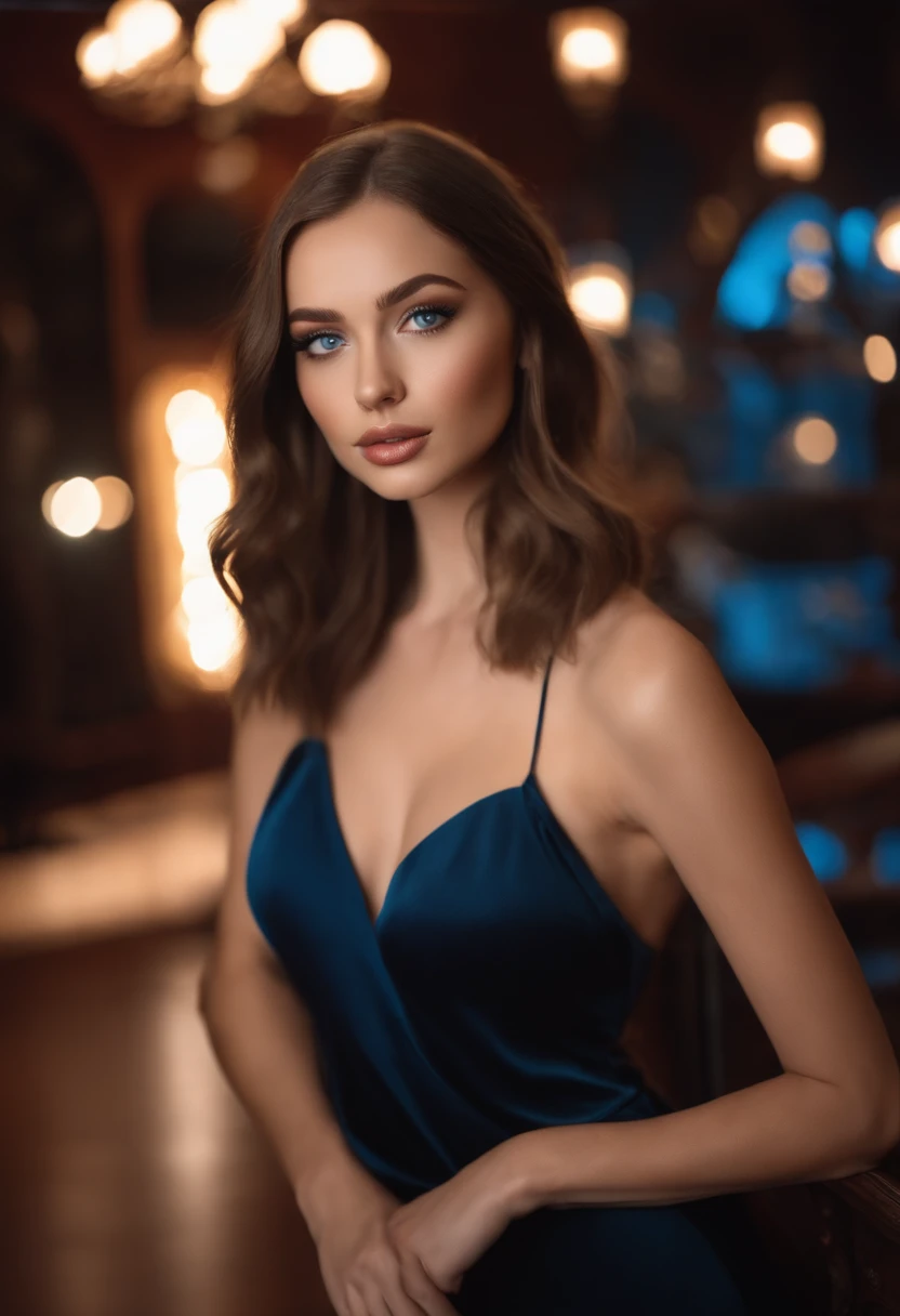 A poised and alluring woman with captivating blue eyes, resembling the ultra-realistic Sophie Mudd. She wears natural makeup, exudes a sexy charm in a short dress, and poses in club setting with a prominent bust.