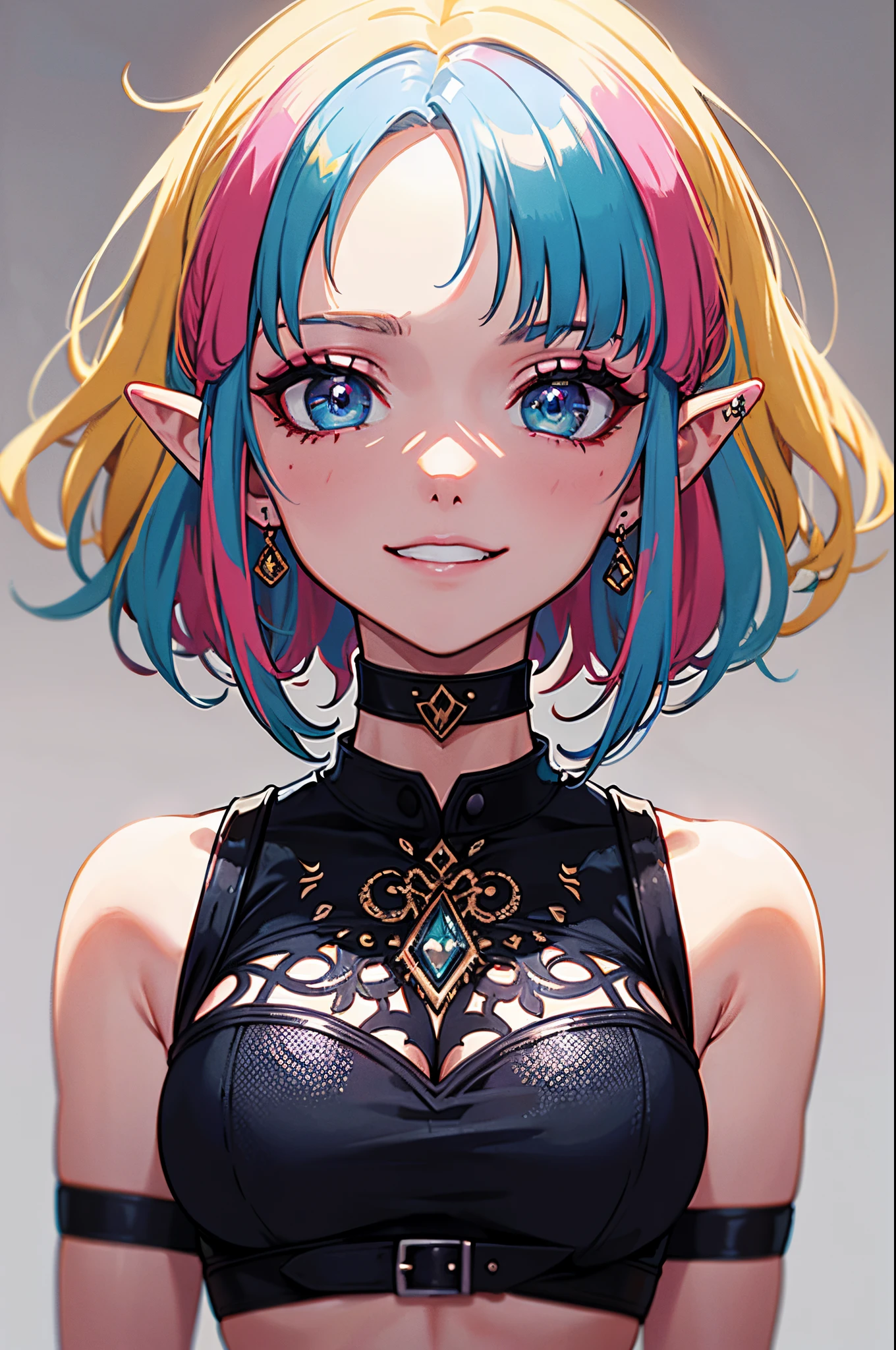 (Punk Zelda), short hair, multicoloured hair, piercing, makeup, crop top, choker, arm straps, (arrogant look), cheeky and bratty behaviour, grinning, (detailed face), (detailed eyes:1.1), masterpiece, best quality, intricate, detailed, sharp, focused, colorful details, iridescent colors, intricate details, dynamic voluminous light, high resolution, enchanted quality.