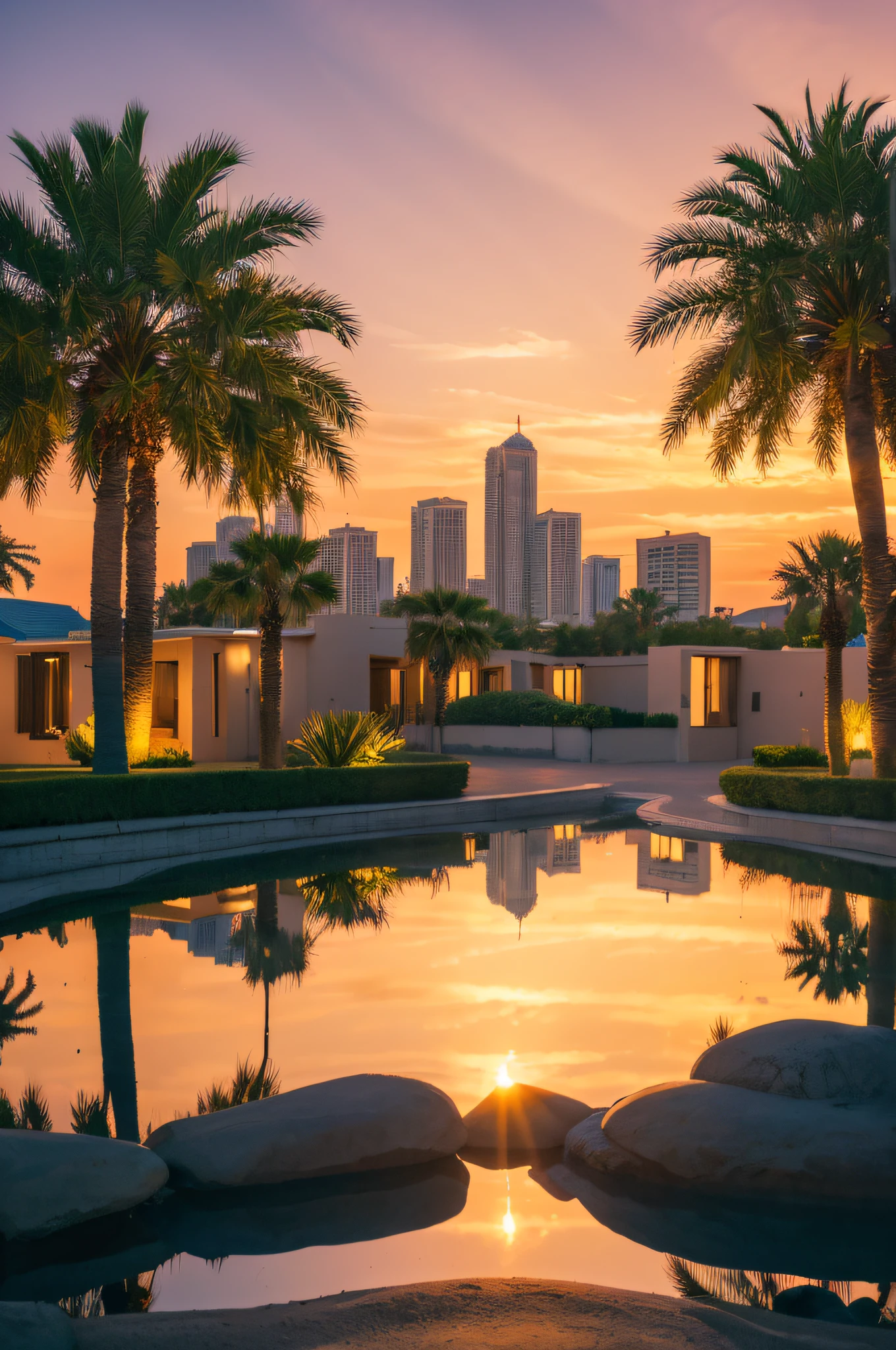 (best quality,4k,8k,highres,masterpiece:1.2),ultra-detailed,(realistic,photorealistic,photo-realistic:1.37),glass miniature mansions,oval-shaped,80-story high-rise apartment complex,desert,sunset,colored with warm tones,vibrant skies,distant mountains,in the distance,spreading rays of golden light,breezy winds,subtle sand dunes,serene atmosphere.empty,tranquil streets,slightly curved roads,graceful palm trees casting long shadows,glowing windows illuminating the buildings,soft reflections on the glass surfaces,twinkling lights dotting the evening skyline,peaceful solitude.