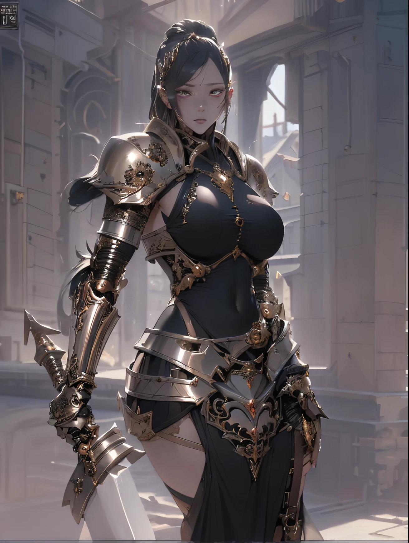 human female knight, Blackhead, ponytale, Nicebody, Huge breasts, Iron armor over micro leather armor(sskirt)And wear a variety of weapons,  ornate greatsword,  Abdominal muscles, Tattoos all over the body, Korean style light makeup, Transcendental beautiful girl, clean skin, Beautiful female warrior, Gorgeous armor with intricate decorations,