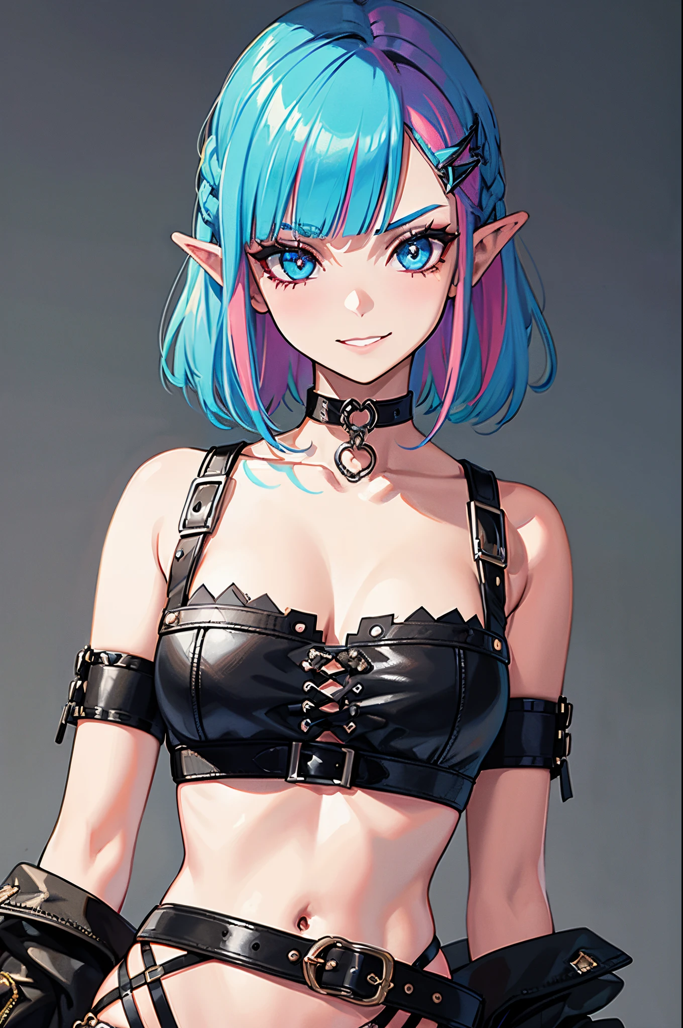 (Punk Zelda), short hair, multicoloured hair, piercing, makeup, crop top, choker, arm straps, (arrogant look), cheeky and bratty behaviour, grinning, (detailed face), (detailed eyes:1.1), masterpiece, best quality, intricate, detailed, sharp, focused, colorful details, iridescent colors, intricate details, dynamic voluminous light, high resolution, enchanted quality.