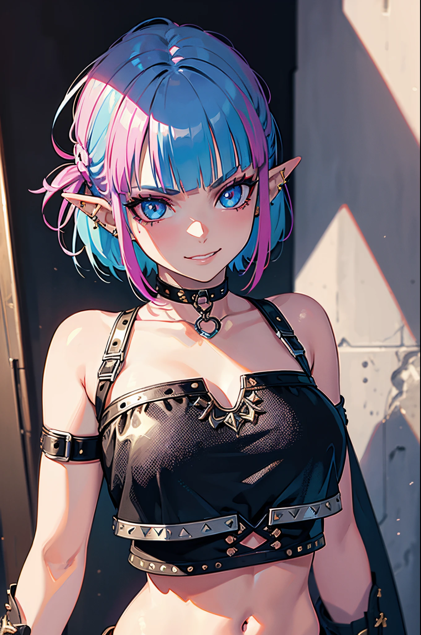 (Punk Zelda), short hair, multicoloured hair, piercing, makeup, crop top, choker, arm straps, (arrogant look), cheeky and bratty behaviour, grinning, (detailed face), (detailed eyes:1.1), masterpiece, best quality, intricate, detailed, sharp, focused, colorful details, iridescent colors, intricate details, dynamic voluminous light, high resolution, enchanted quality.