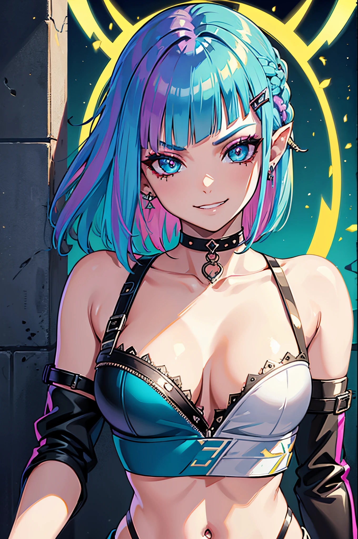 (Punk Zelda), short hair, multicoloured hair, piercing, makeup, crop top, choker, arm straps, (arrogant look), cheeky and bratty behaviour, grinning, (detailed face), (detailed eyes:1.1), masterpiece, best quality, intricate, detailed, sharp, focused, colorful details, iridescent colors, intricate details, dynamic voluminous light, high resolution, enchanted quality.