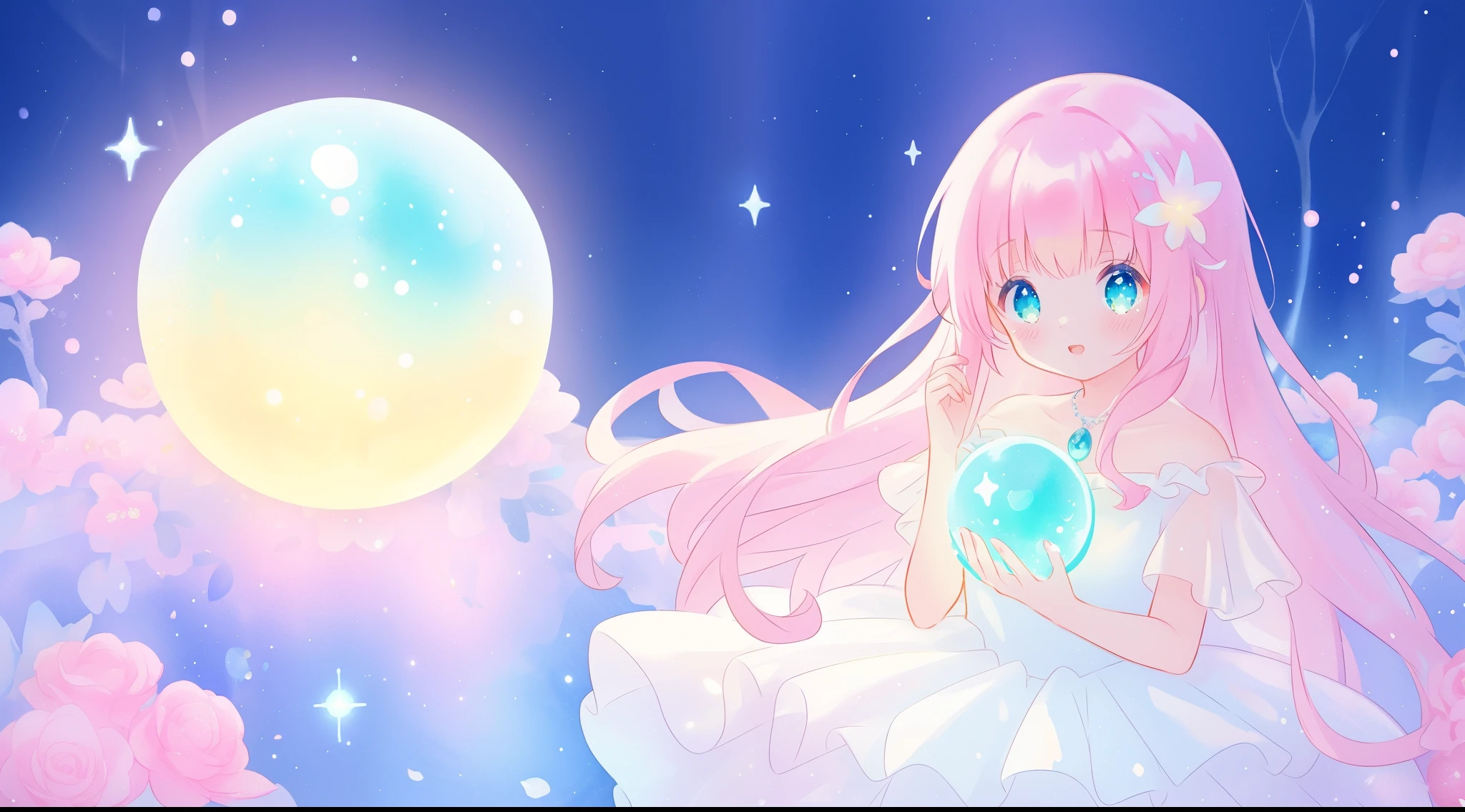beautiful girl in sparkling white dress holding a magical sphere, ((sparkling puffy layered ballgown)), (magical, whimsical), (glowing magical orb), long flowing colorful hair, colorful fantasia background, watercolor illustration, disney art style, glowing aura around her, glowing lights, beautiful digital illustration, fantasia otherworldly landscape plants flowers, beautiful, masterpiece, best quality, anime disney style