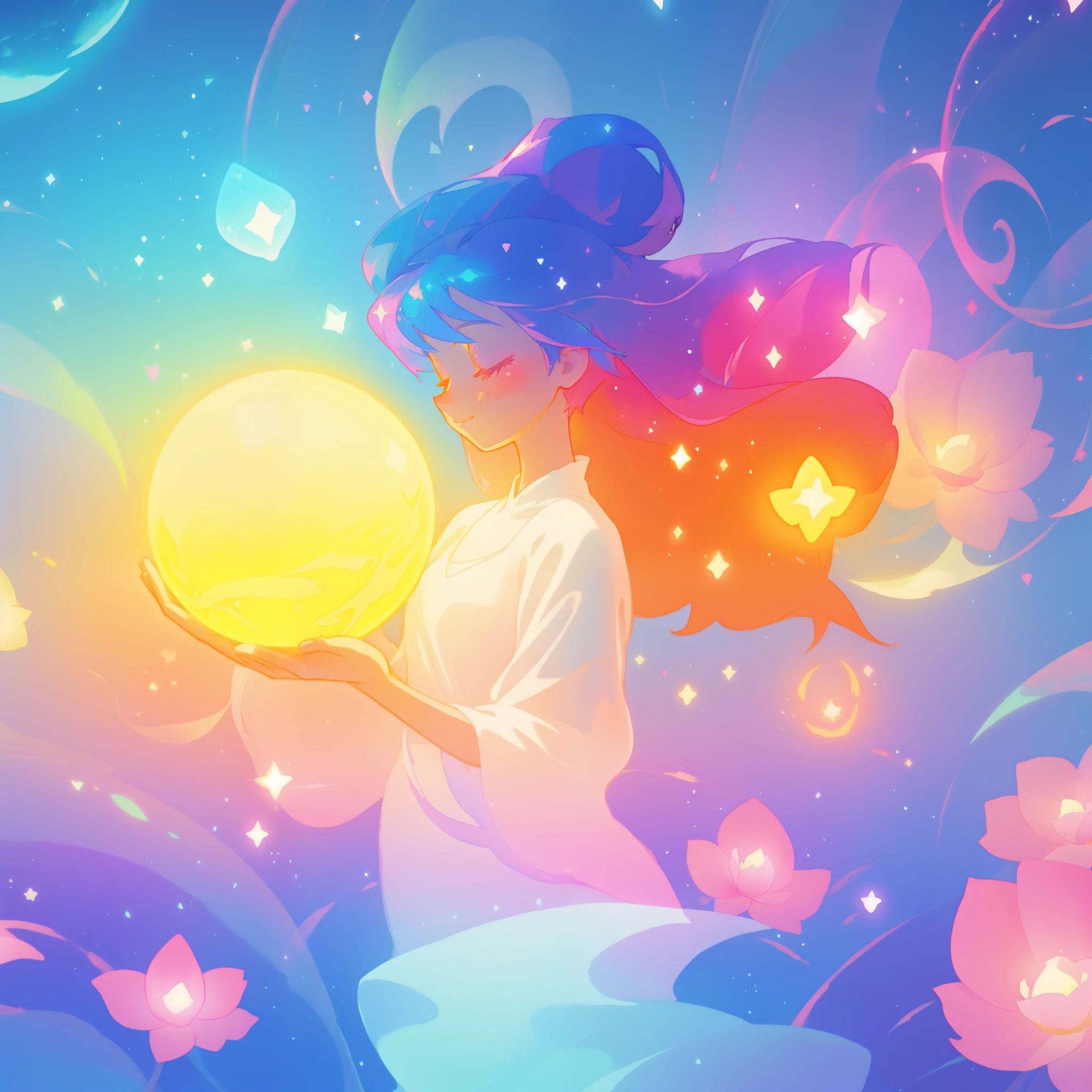 beautiful girl in sparkling white dress holding a glowing magical sphere, glowing ballgown, (magical, whimsical), (magical orb), long flowing colorful hair, colorful fantasia background, watercolor illustration, disney art style, glowing aura around her, glowing lights, beautiful digital illustration, fantasia otherworldly landscape plants flowers, beautiful, masterpiece, best quality, anime disney style, (perfect hands), profile view, eyes closed, looking at the orb